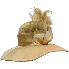 Susan Van Der Linde Gold Straw Wide-Brim Hat w High Round Crown & Feather Trim