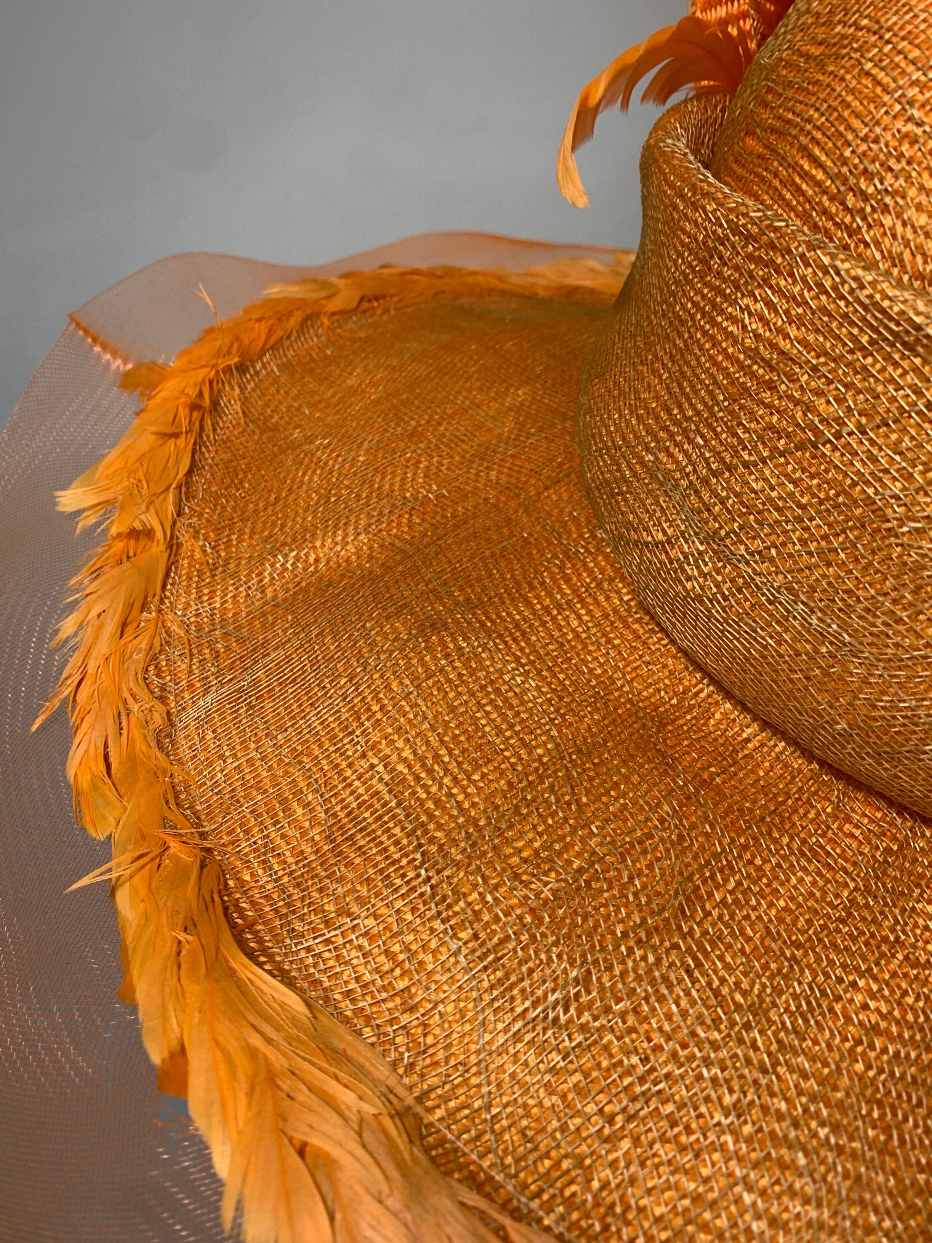 Susan van der Linde Orange Wide-Brim Straw Hat w Sheer Horsehair Rim & Feathers For Sale 6