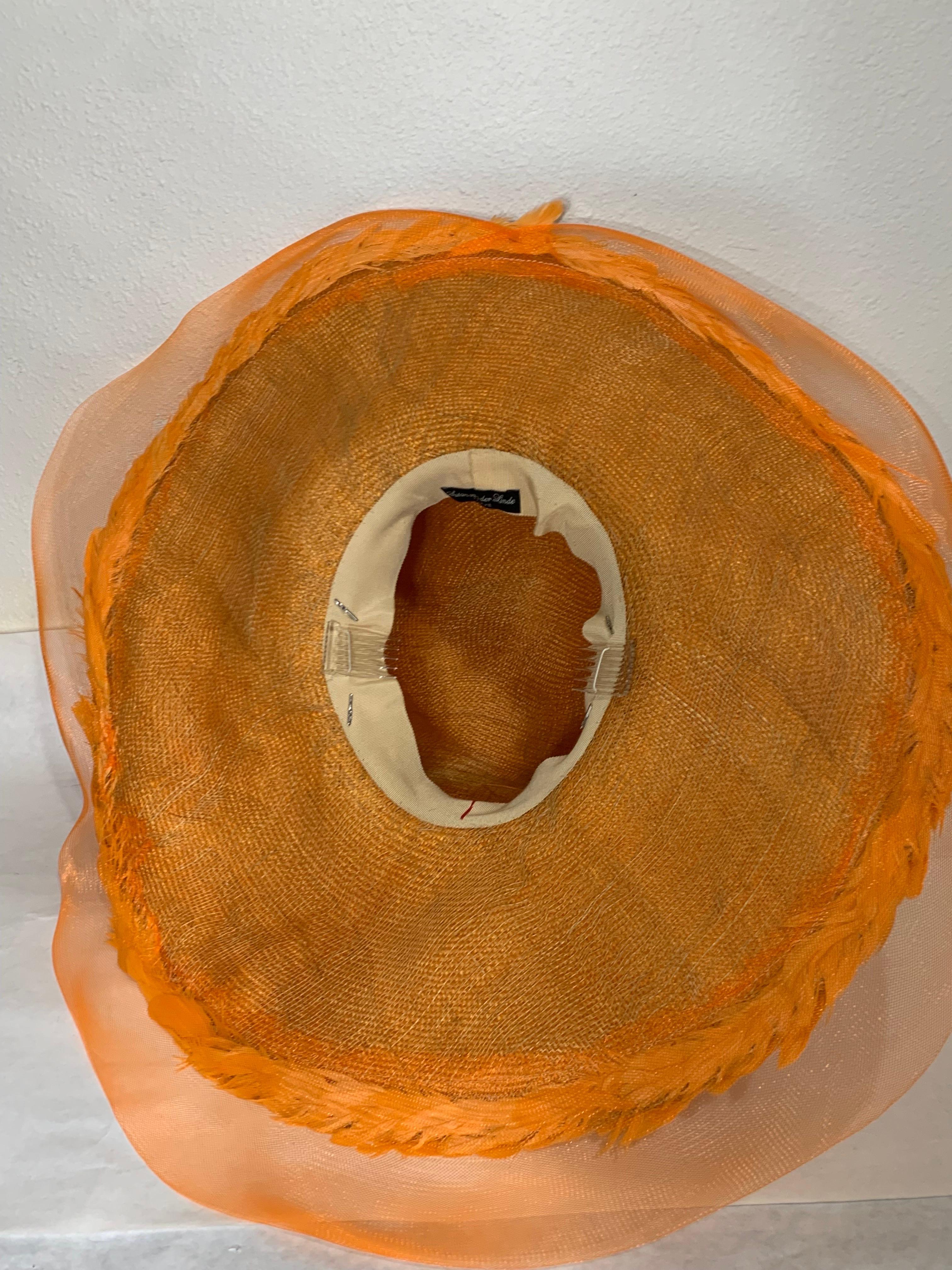 Susan van der Linde Orange Wide-Brim Straw Hat w Sheer Horsehair Rim & Feathers For Sale 7