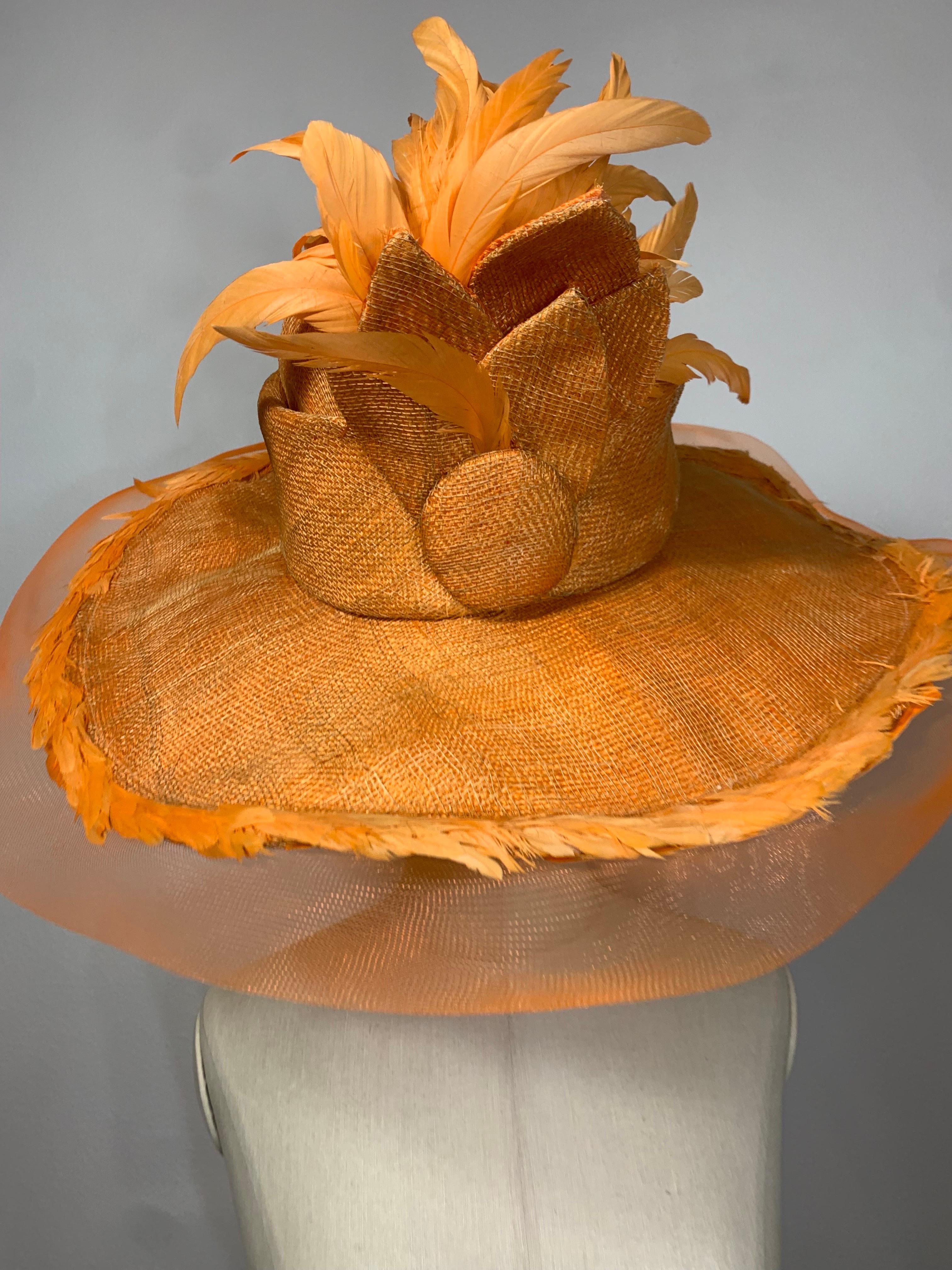 Susan van der Linde Orange Wide-Brim Straw Hat w Sheer Horsehair Rim & Feathers In Excellent Condition For Sale In Gresham, OR