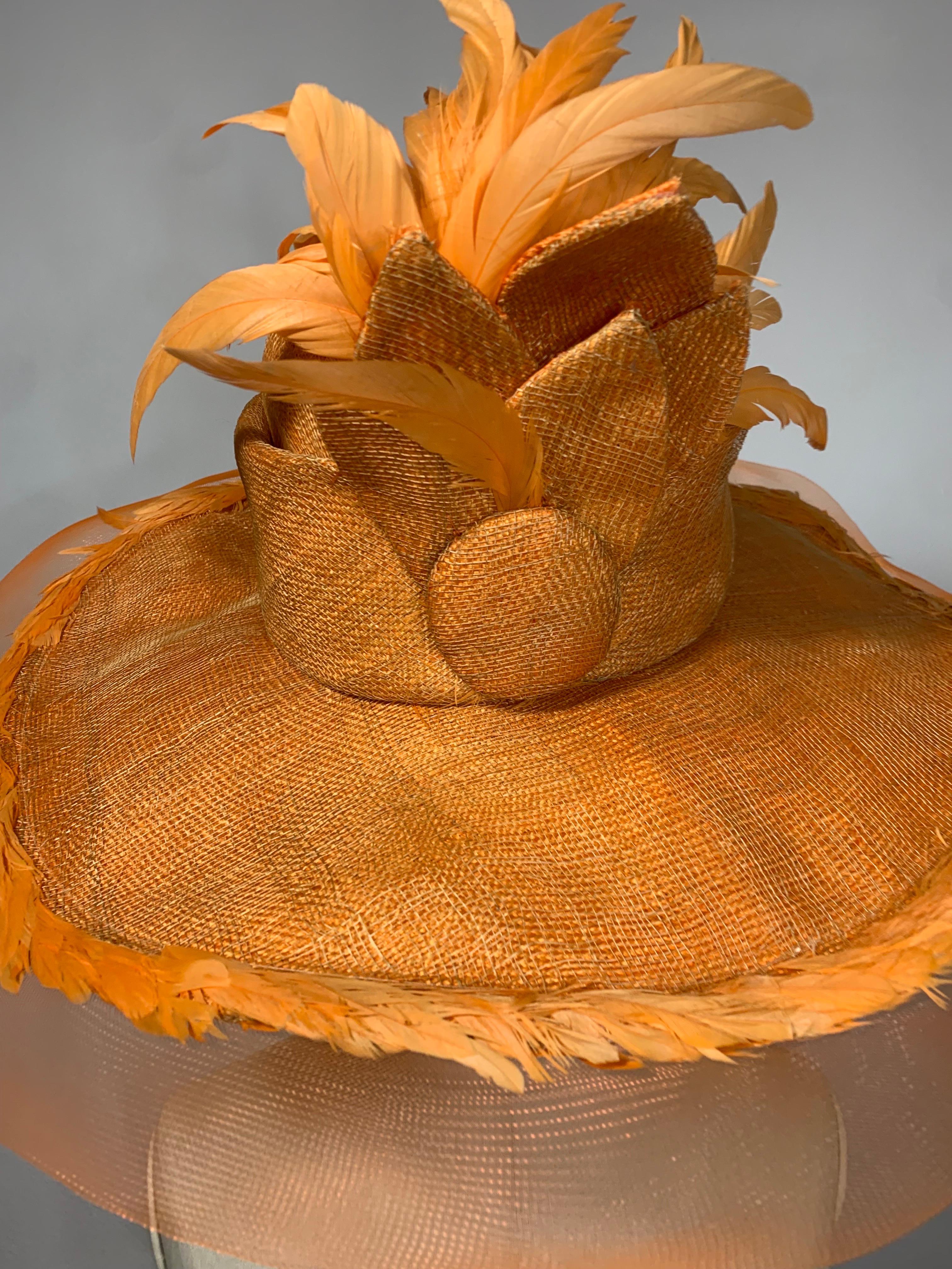 Women's Susan van der Linde Orange Wide-Brim Straw Hat w Sheer Horsehair Rim & Feathers For Sale