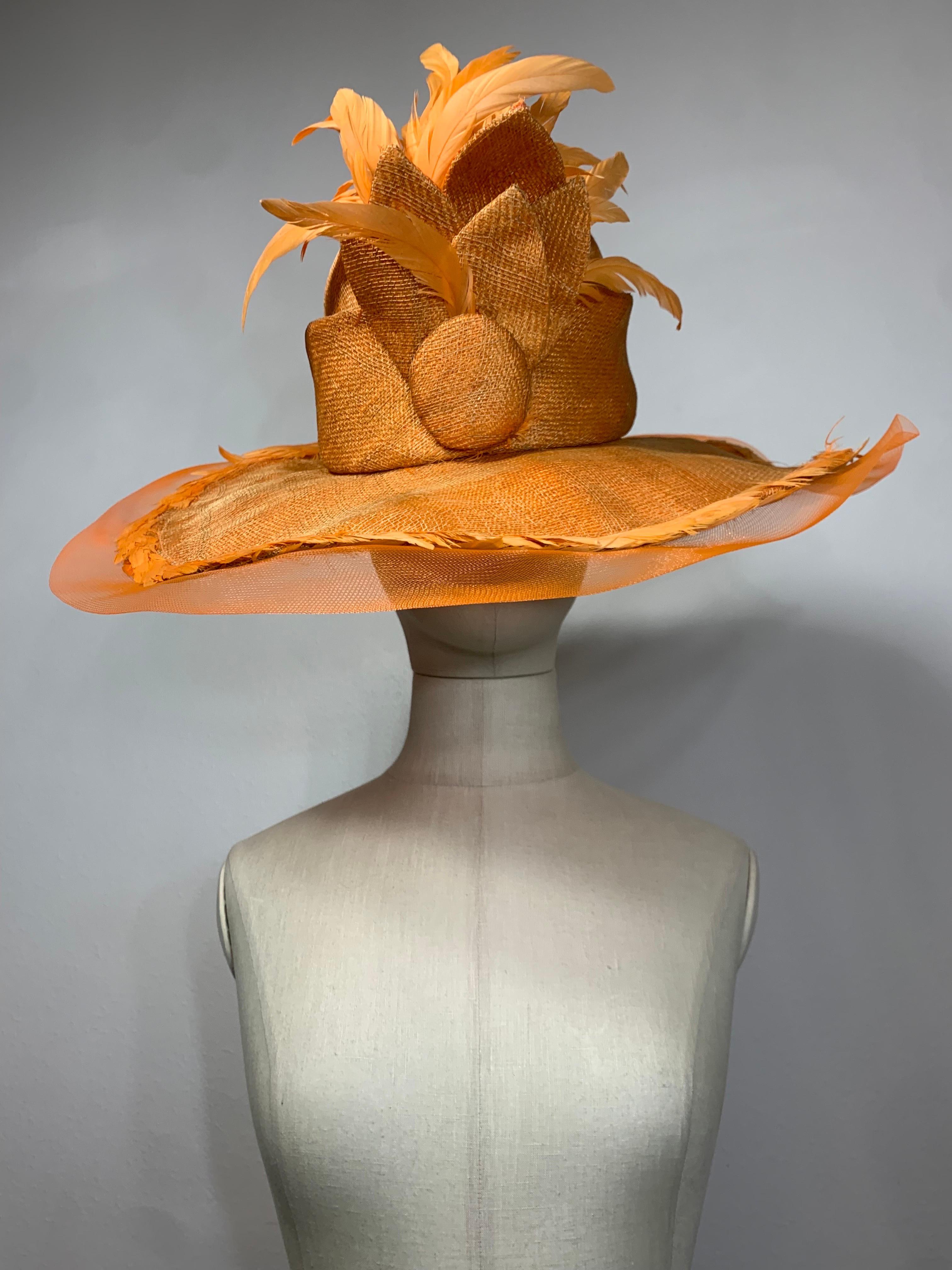 Susan van der Linde Orange Wide-Brim Straw Hat w Sheer Horsehair Rim & Feathers For Sale 1