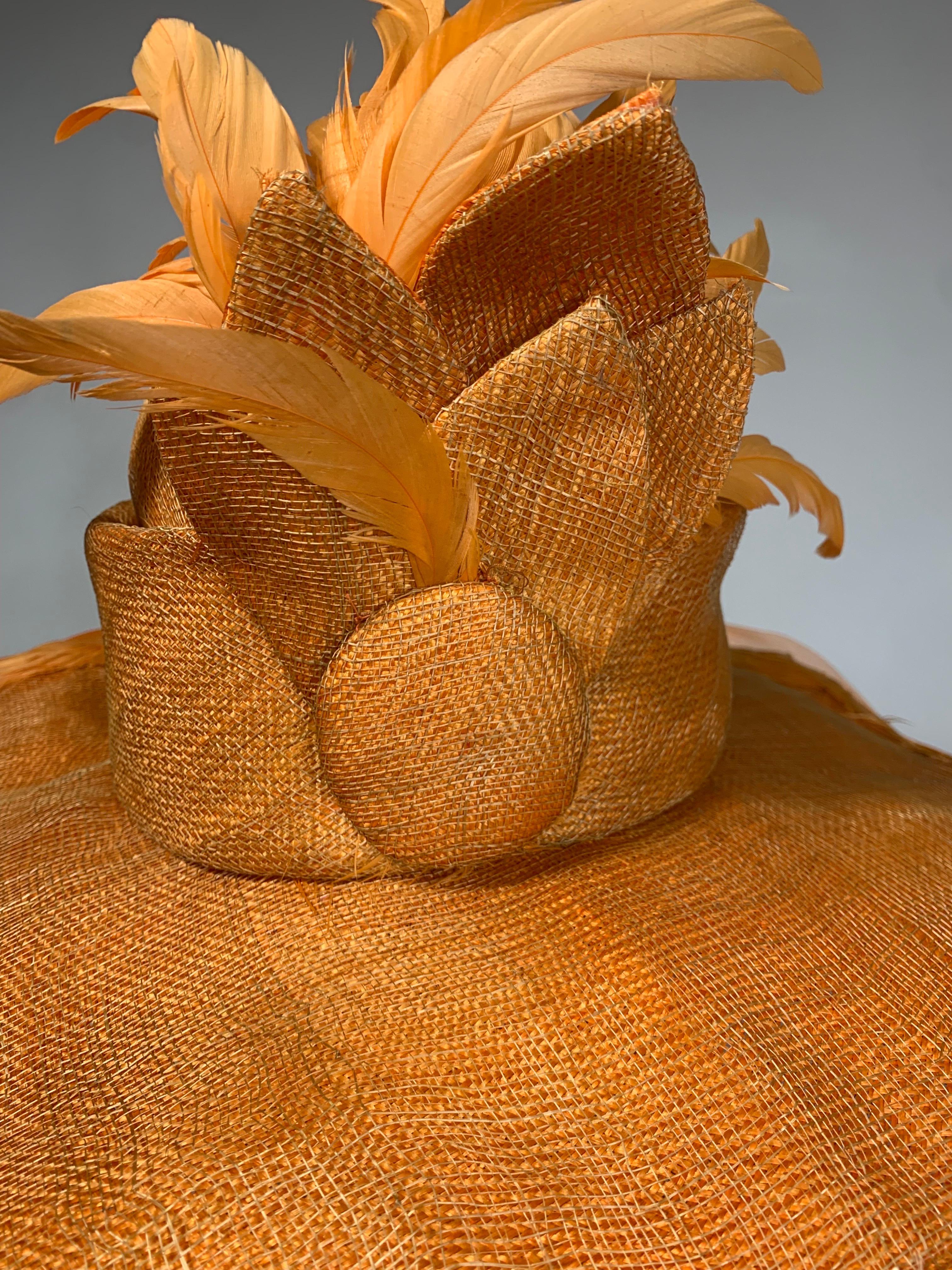 Susan van der Linde Orange Wide-Brim Straw Hat w Sheer Horsehair Rim & Feathers For Sale 2