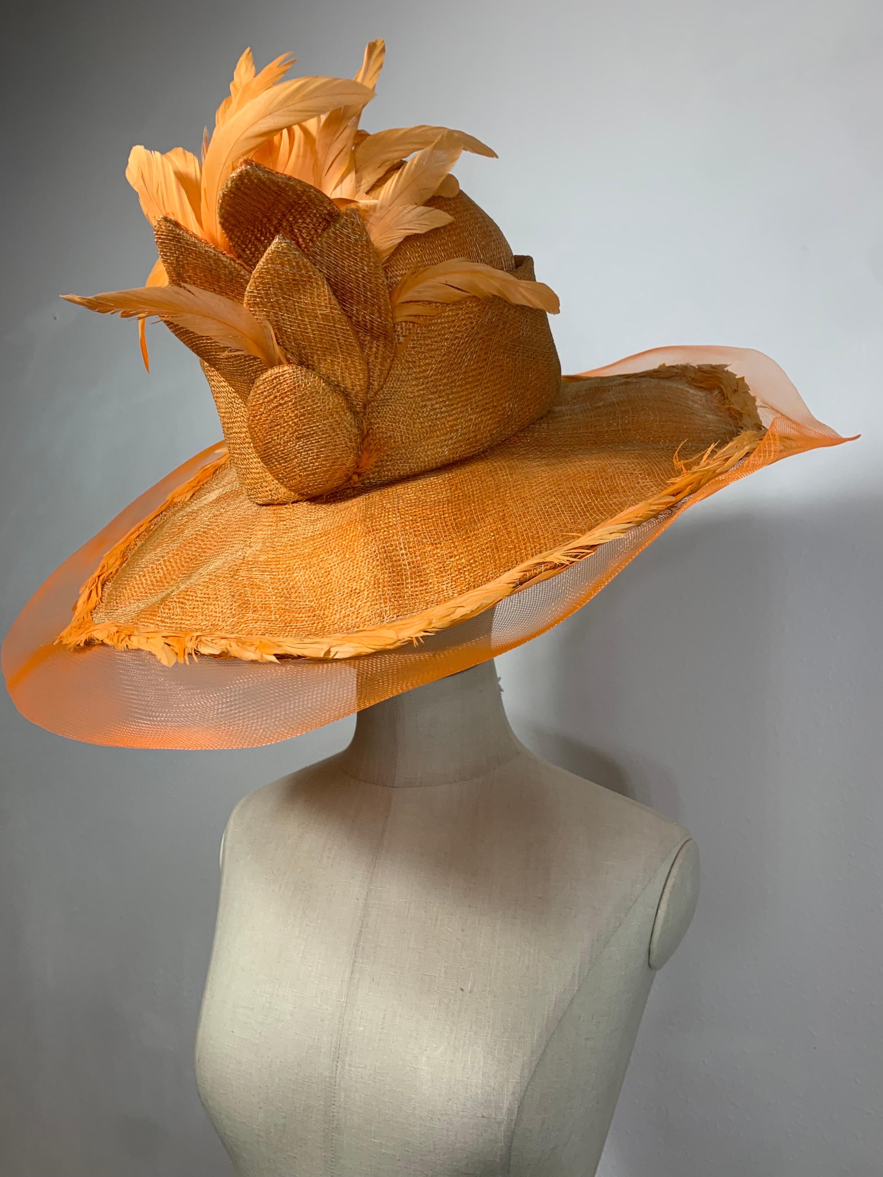Susan van der Linde Orange Wide-Brim Straw Hat w Sheer Horsehair Rim & Feathers For Sale 3