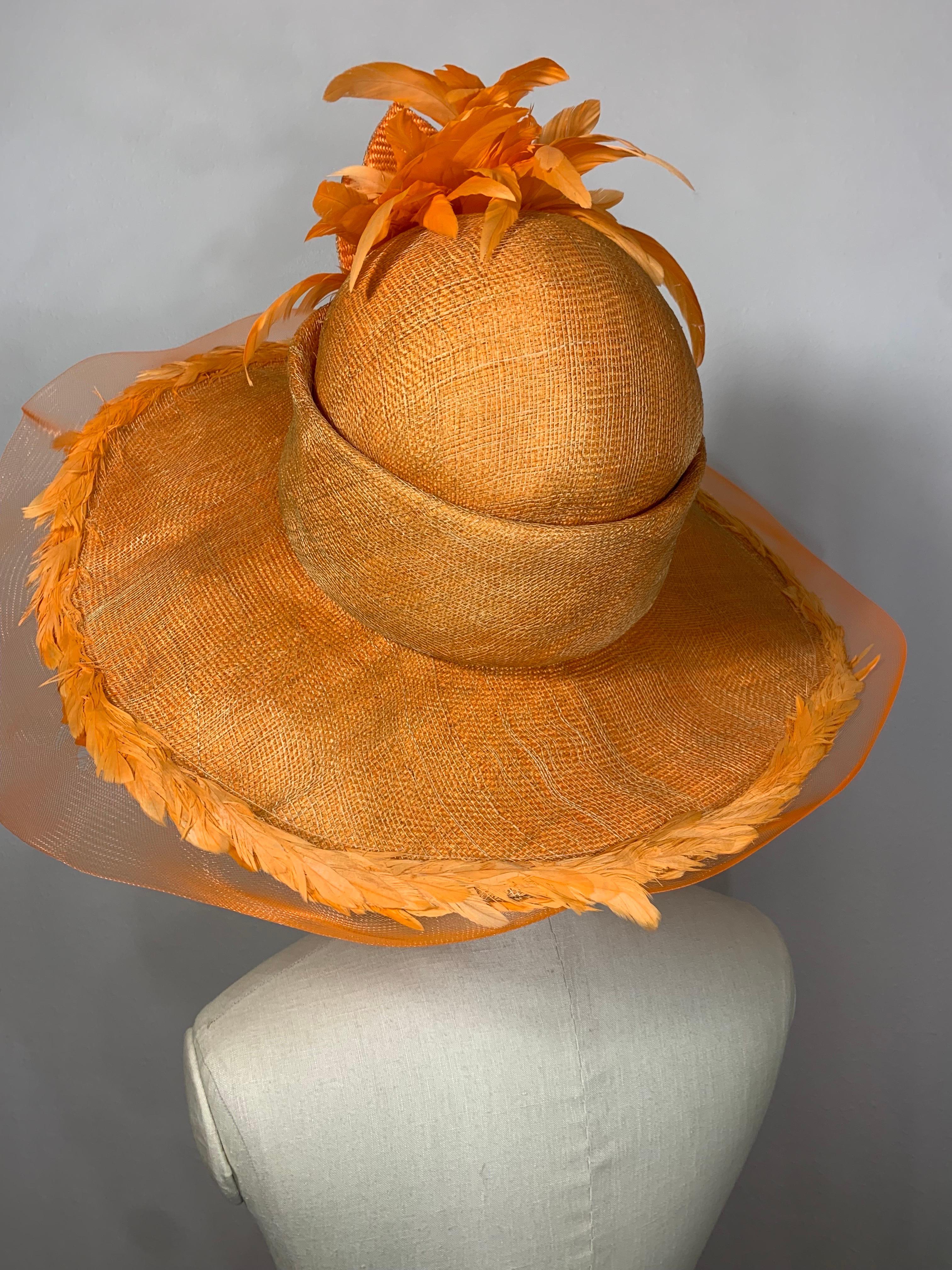 Susan van der Linde Orange Wide-Brim Straw Hat w Sheer Horsehair Rim & Feathers For Sale 4