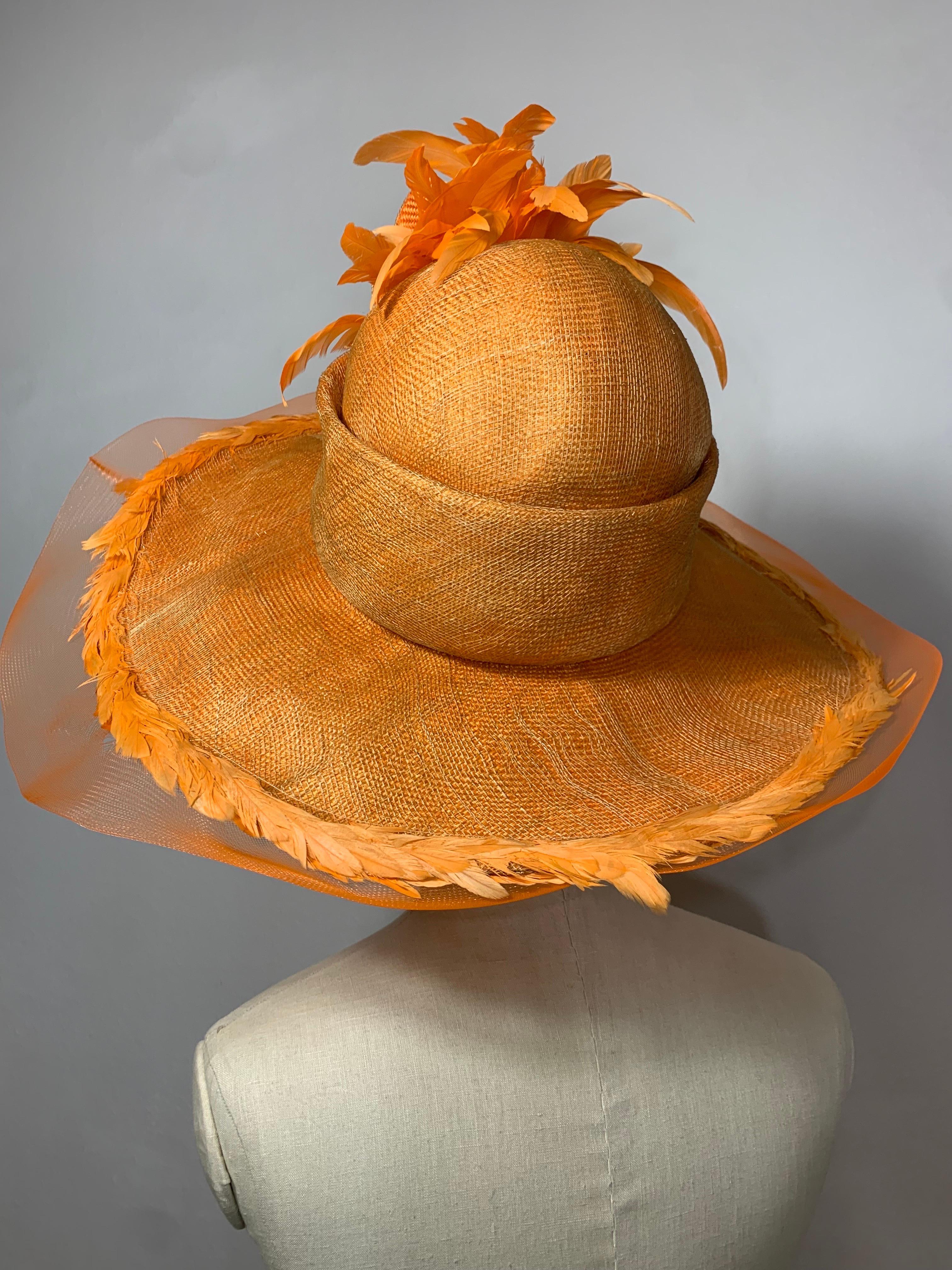 Susan van der Linde Orange Wide-Brim Straw Hat w Sheer Horsehair Rim & Feathers For Sale 5