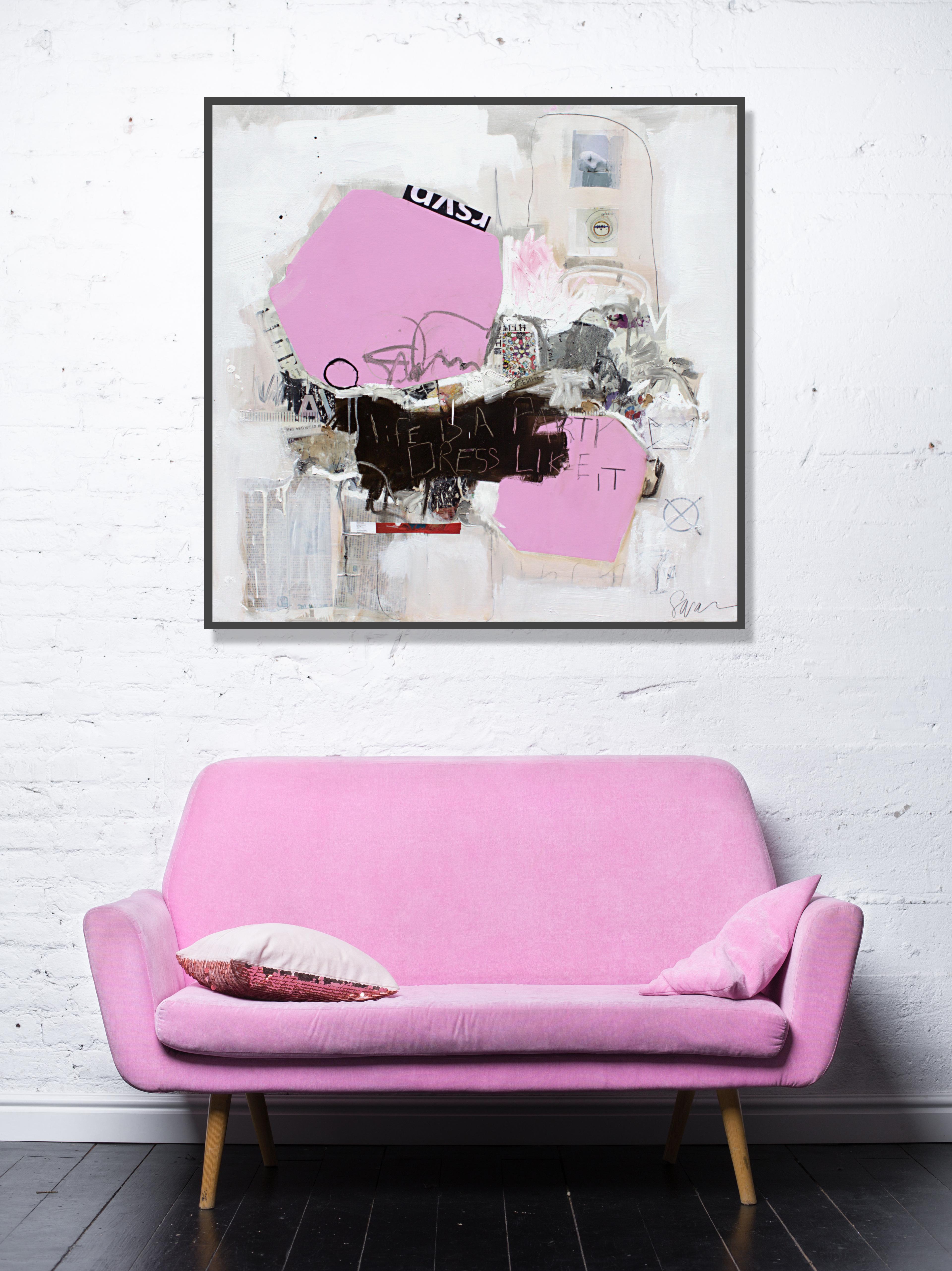 Life is A Party - textural abstract painting dominant white and pink color - Painting by Susan Washington