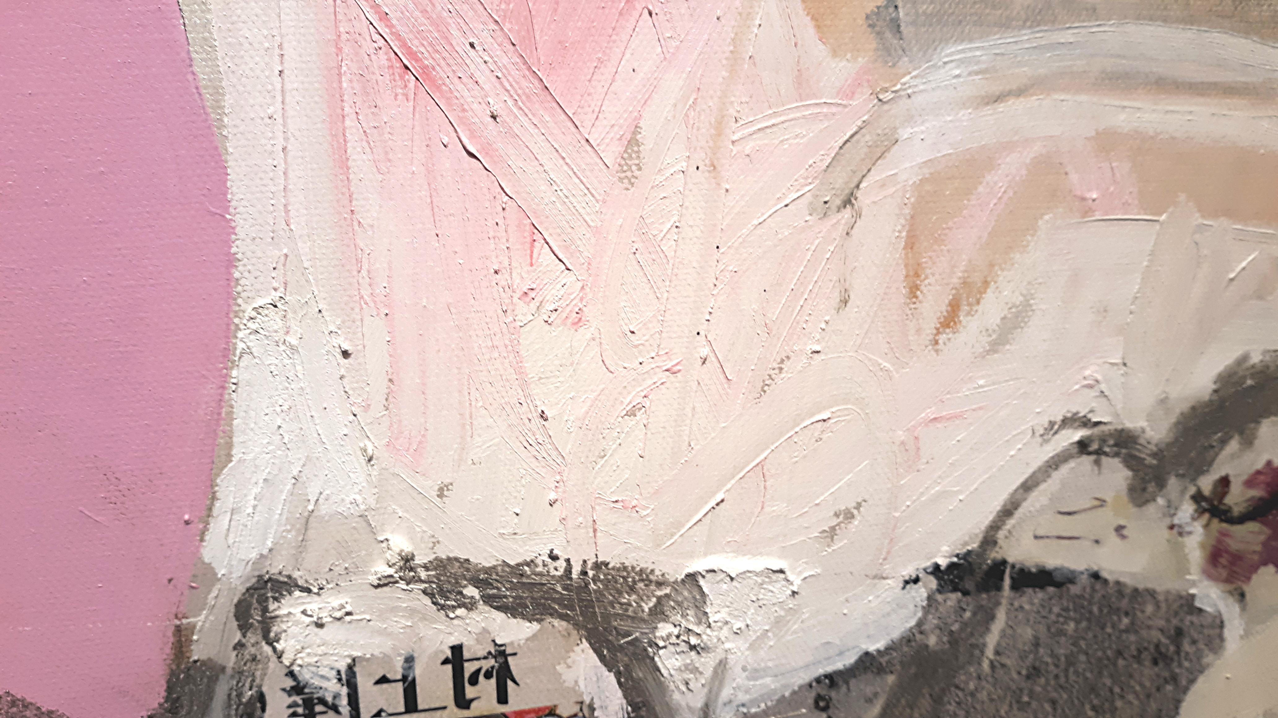 Life is A Party - textural abstract painting dominant white and pink color - Abstract Painting by Susan Washington