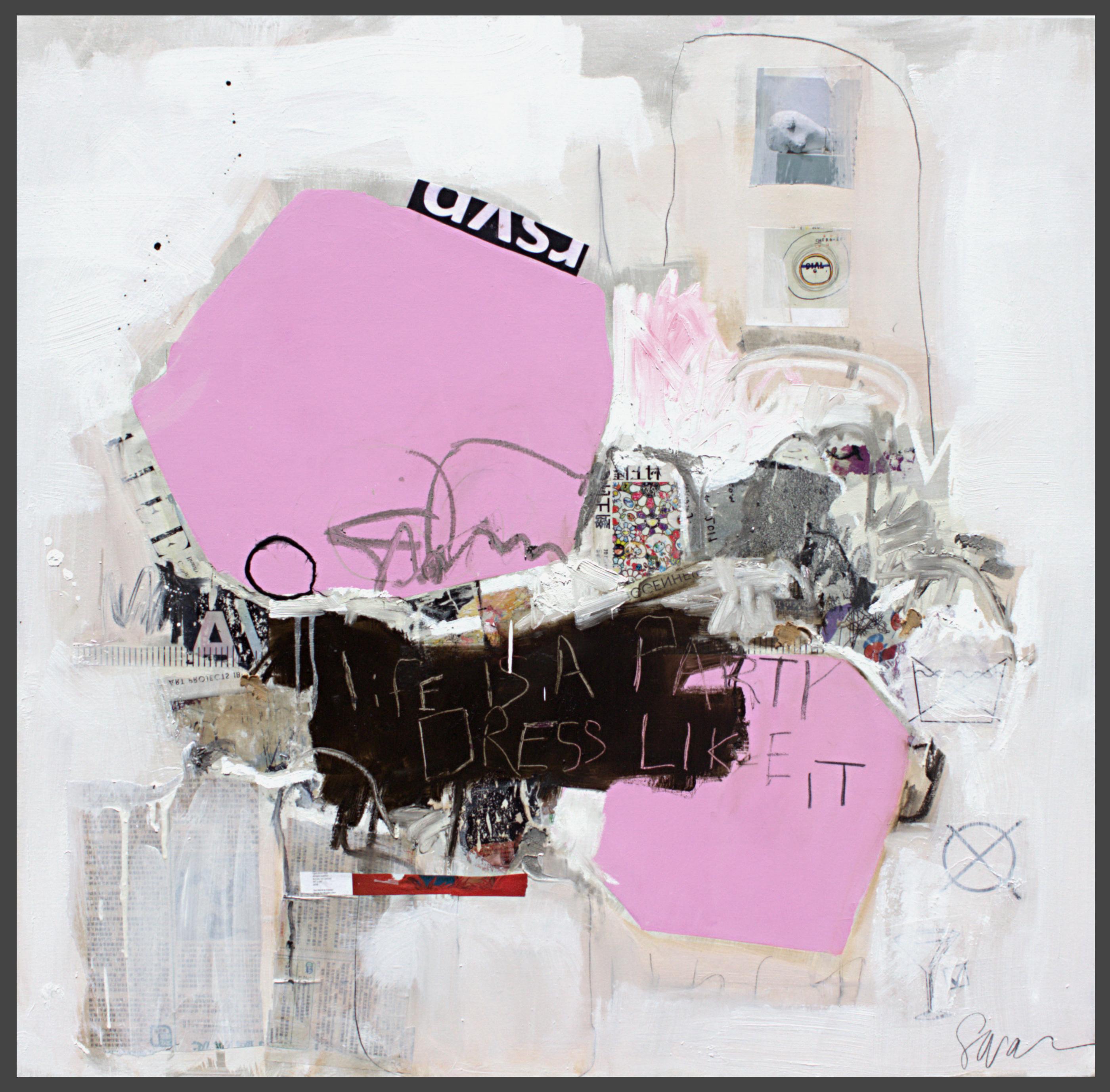 Susan Washington Abstract Painting - Life is A Party - textural abstract painting dominant white and pink color