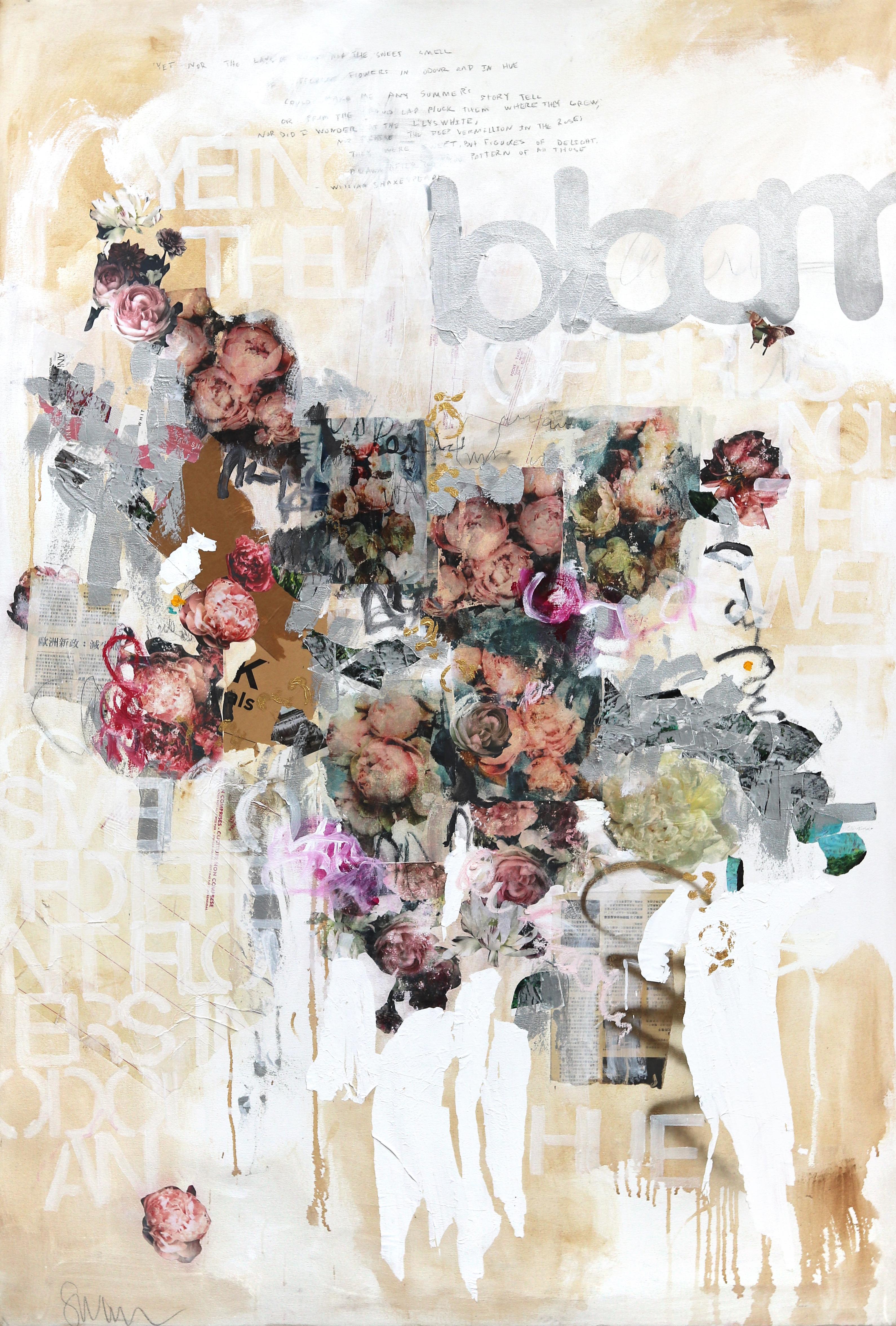 SS106 Bloom - Grande peinture d'expressionnisme abstrait neutre et douce, technique mixte