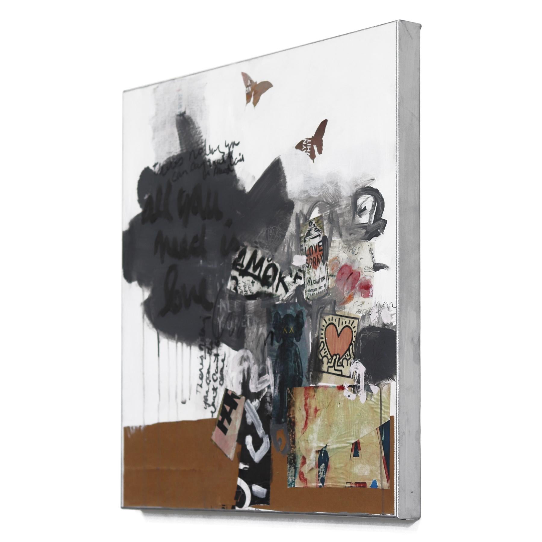 Soneto del metro nº 134  All You Need - Arte callejero de técnica mixta sobre lienzo - Abstract Painting Gris de Susan Washington