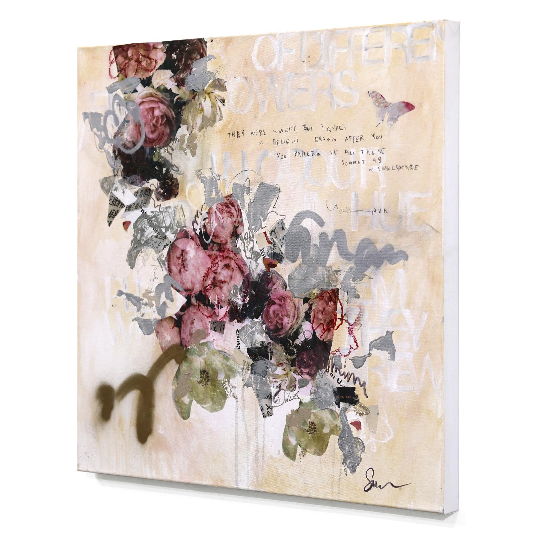 Subway Sonnet n° 156 - Œuvre d'art expressionniste florale abstraite et romantique en techniques mixtes - Beige Abstract Painting par Susan Washington