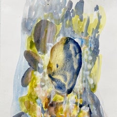 Mementos: framed abstract landscape painting w/ collage of river rocks in water