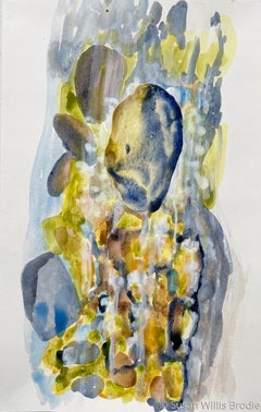 Mementos: framed abstract landscape painting w/ collage of river rocks in water