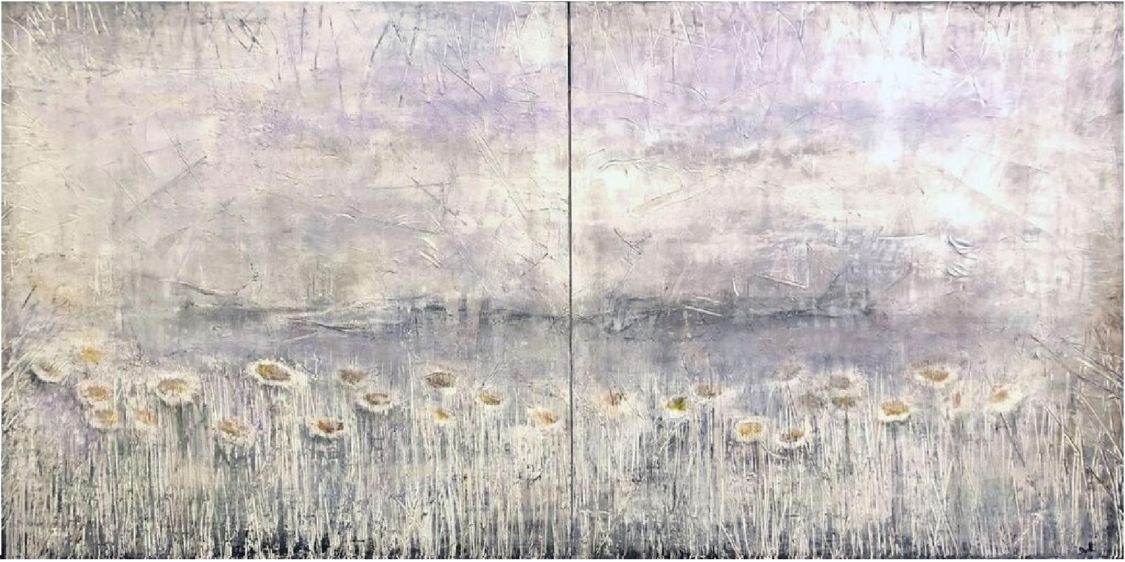 Susan Woldman Landscape Painting - Karen's Daisy Diptych