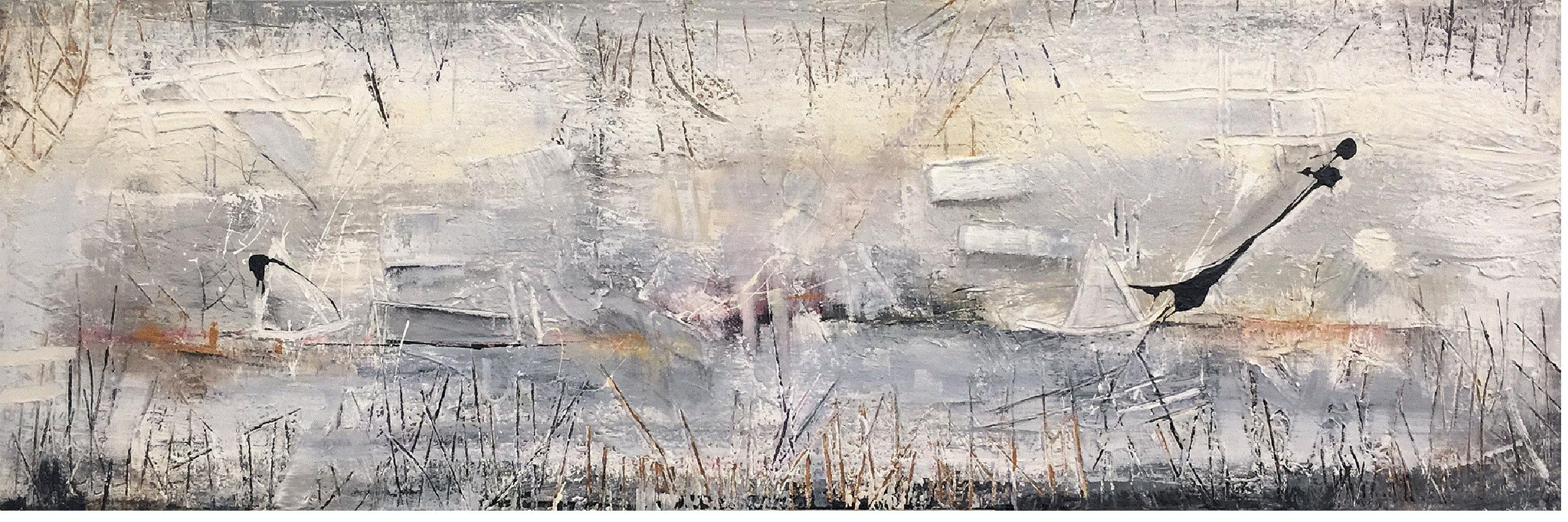 HORIZON Series: 
"This series is inspired by form rather than color. By limiting myself to a mostly black and white
palette I’m able to more freely explore the dynamic of space and how elements of the painting relate to each other. In these