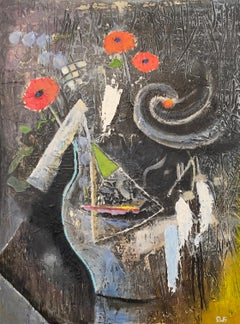 Susan Woldman, Rosa Hubble y flores rojas, Pintura 2024