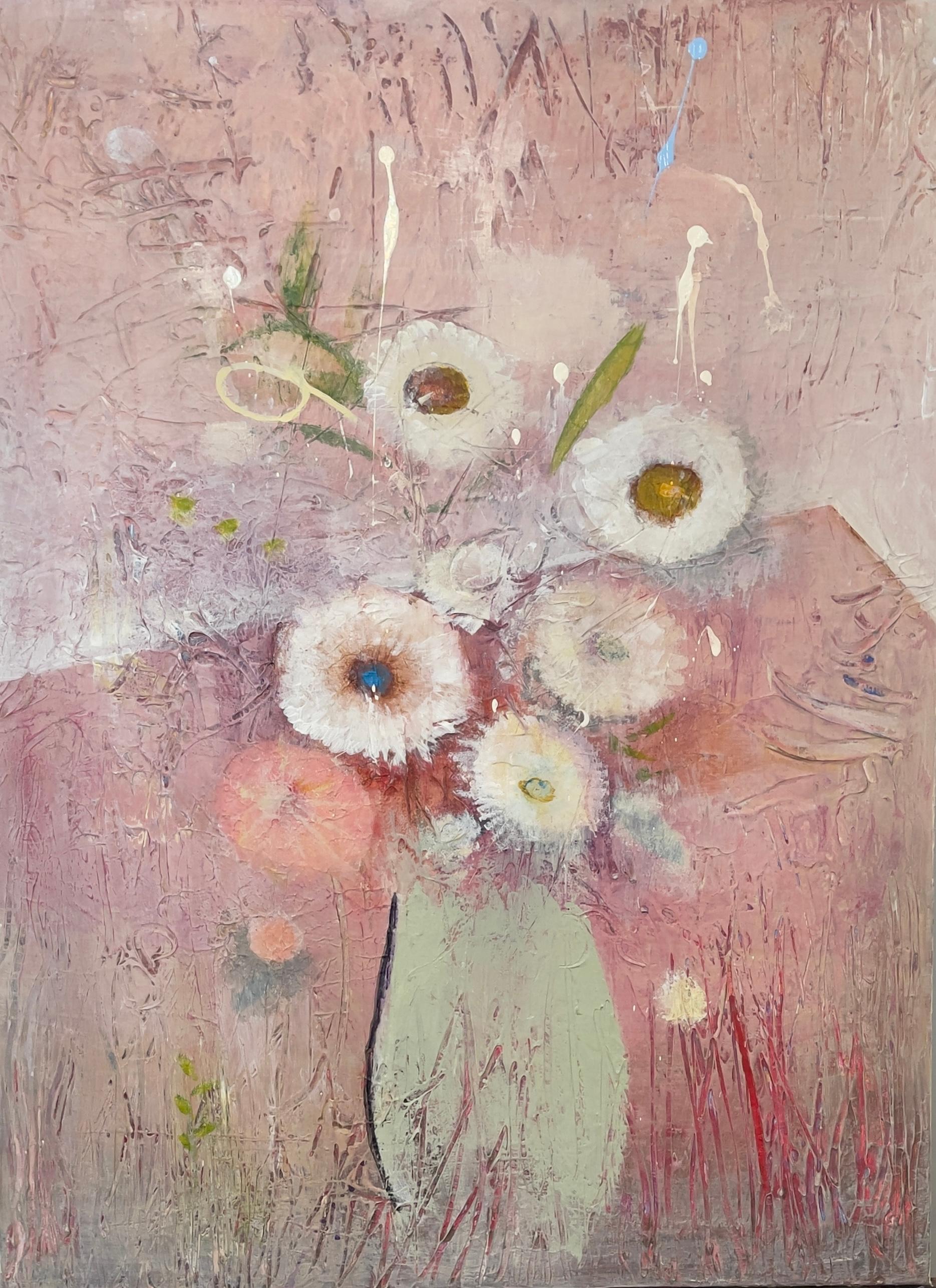 Rosa Blumen auf dem Tisch, aus der Flower Collection, Acrylfarbe auf Leinwand,

Ich bringe meine Sensibilität als Bildhauer in diese neuen Gemälde ein. Dick strukturierte Impasto-Oberflächen verbinden sich mit Landschaftsbildern, um Tiefe, Bewegung