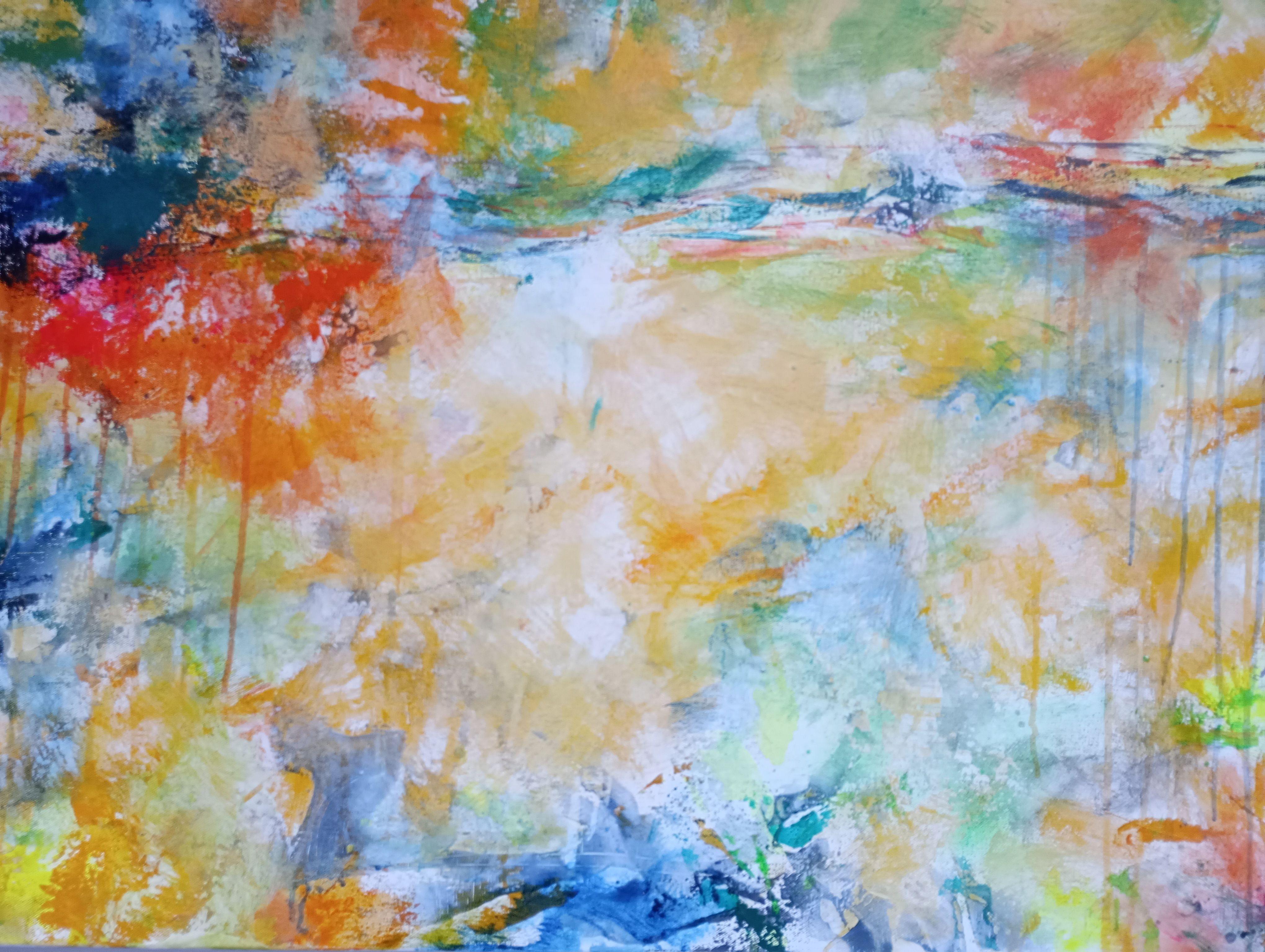 Dittico astratto Tramonto Mediterraneo 200 x 100 cm, Pittura, Acrilico su tela - Abstract Painting Marrone di Susan Wooler