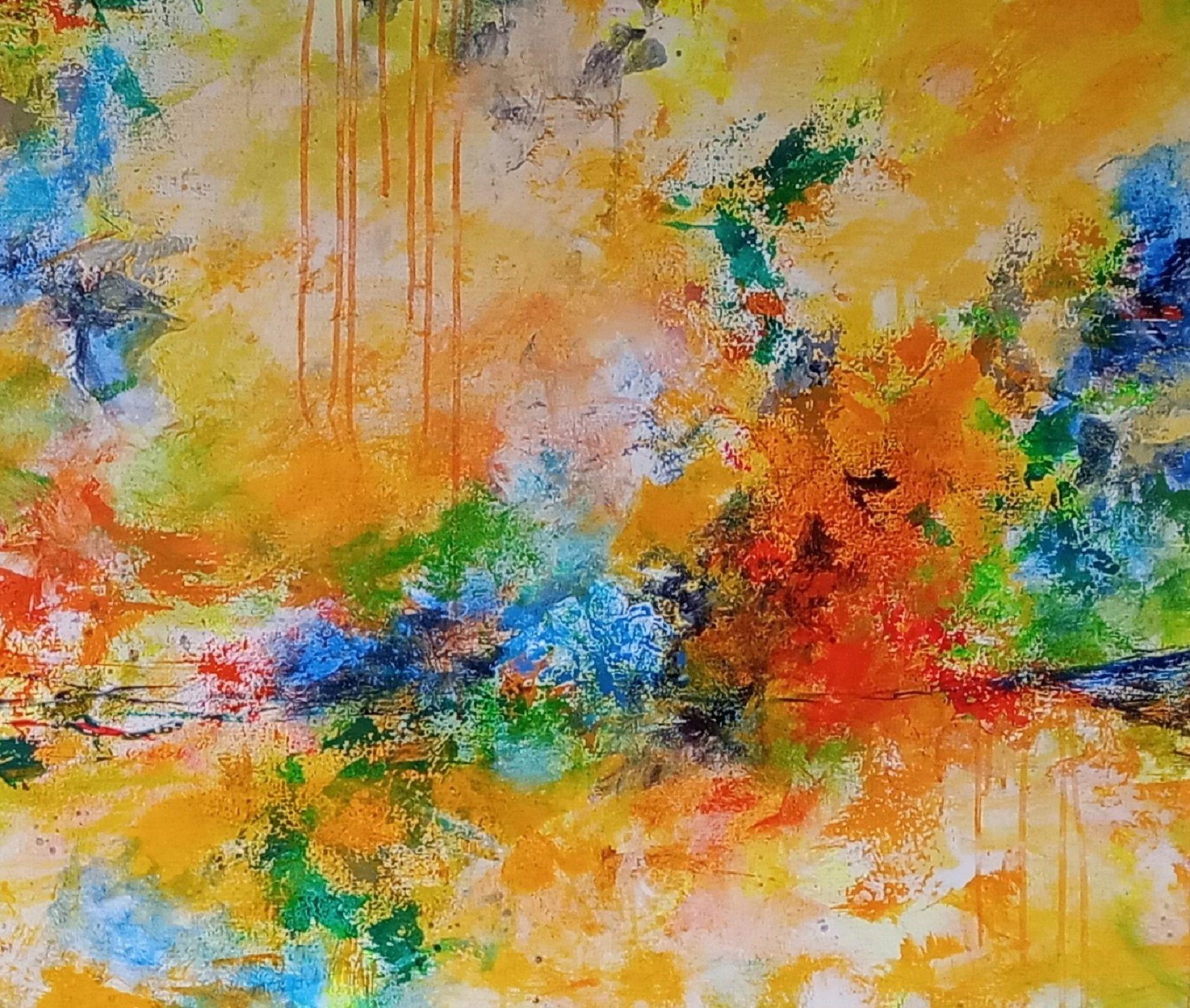 XXXL Dittico astratto Tramonto mediterraneo 200 x 100 cm Due dipinti astratti    Creata con molti strati utilizzando acrilico, pastello a olio e inchiostro, una giustapposizione di colori morbidi e delicati con accenti di colore audaci, la tavolozza