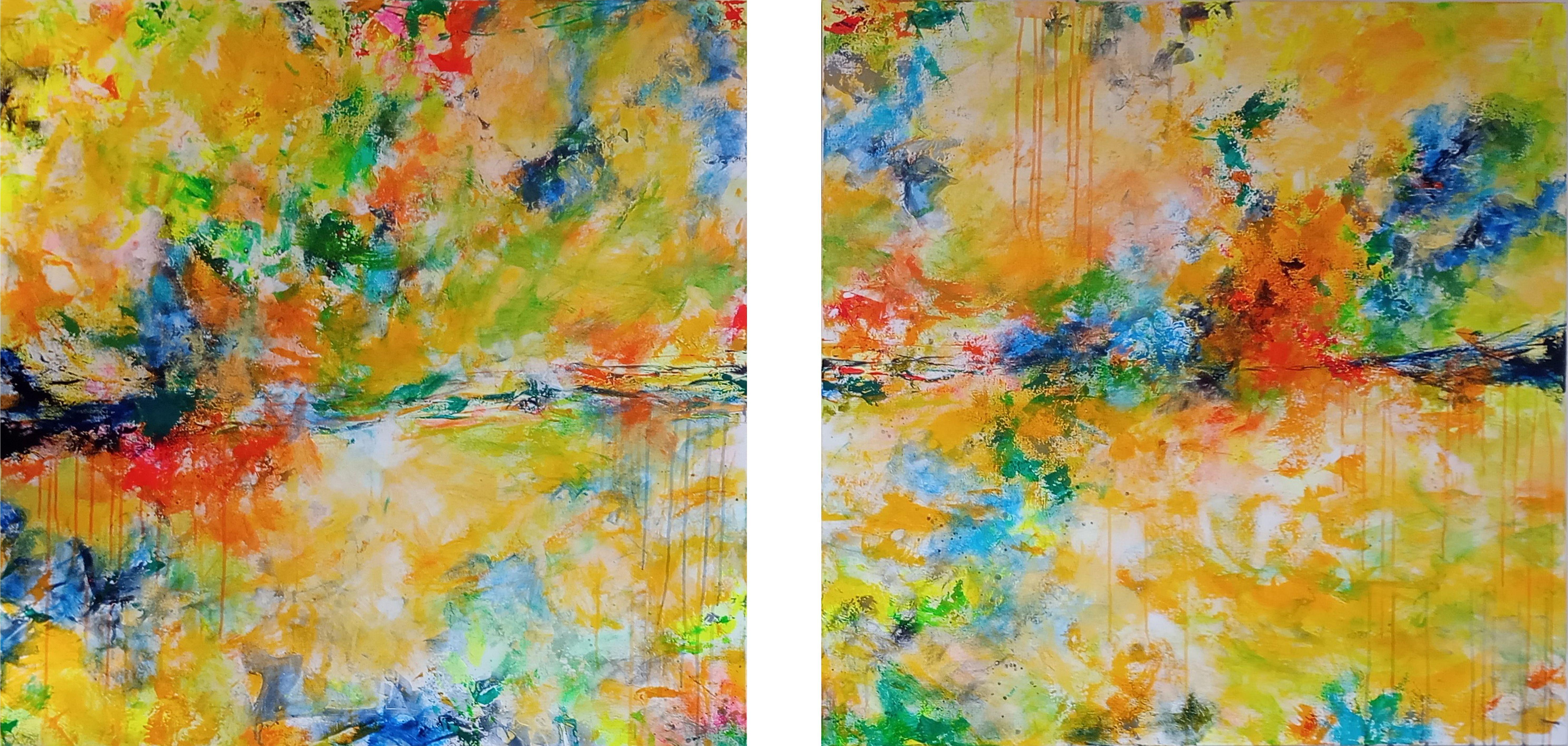 Abstract Painting di Susan Wooler - Dittico astratto Tramonto Mediterraneo 200 x 100 cm, Pittura, Acrilico su tela