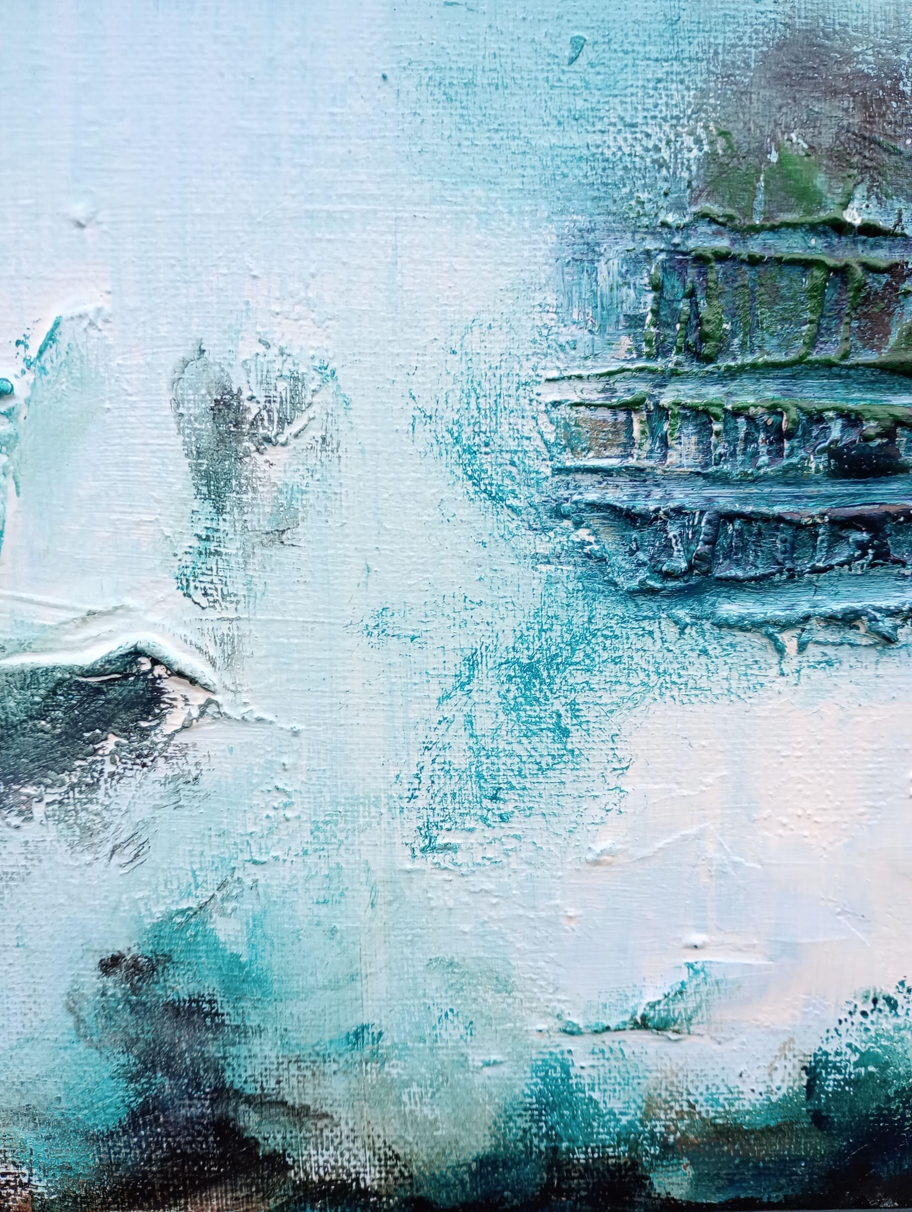 Tríptico Odisea Ambiental 150 x 50cm, Pintura, Acrílico sobre lienzo - Abstract Painting Azul de Susan Wooler