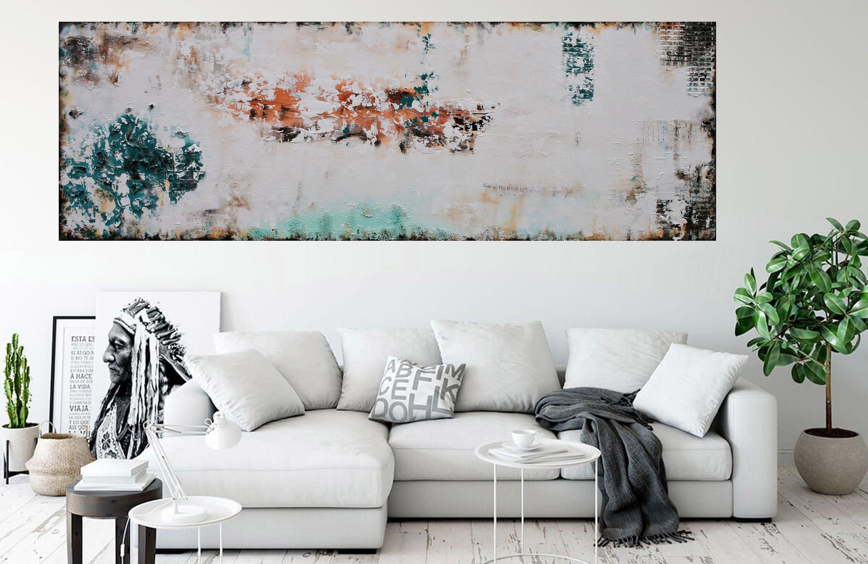 Metamorphic XXL 183 x 61cm Textured Abstract Painting    Deep texture, structure and cracks have been used to create a shabby chic effect using a Turquoise, Brown/Bronze patina with rust effects    A juxtaposition of soft and delicate with accents