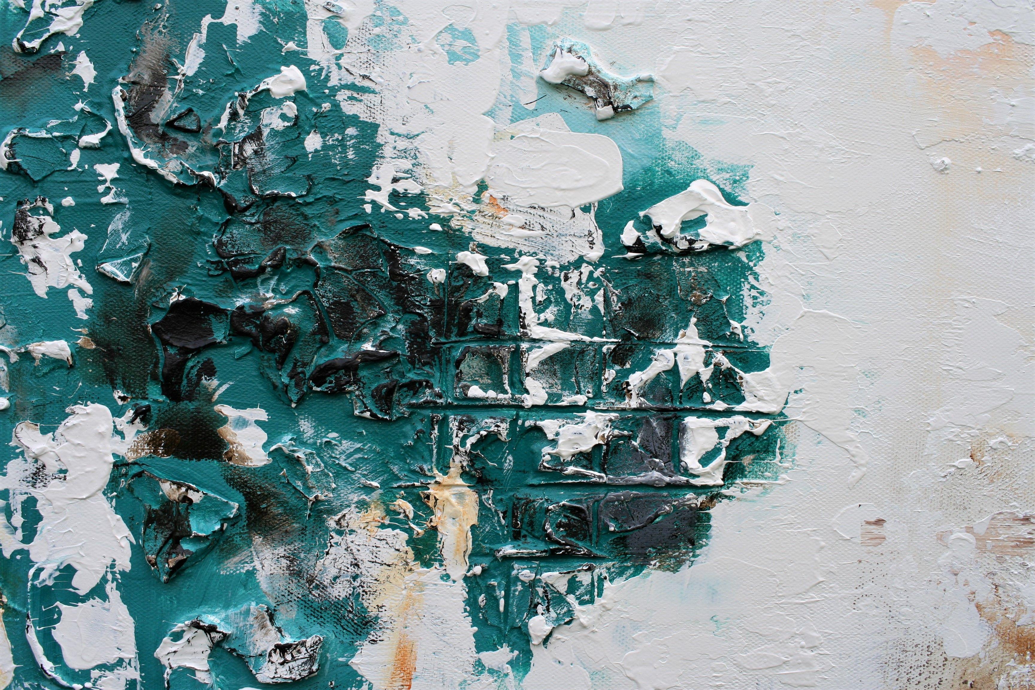 Metamorphic XXL 183 x 61 cm Pittura astratta strutturata    La texture profonda, la struttura e le crepe sono state utilizzate per creare un effetto shabby chic utilizzando una patina turchese, marrone/bronzo con effetti di ruggine.    Una