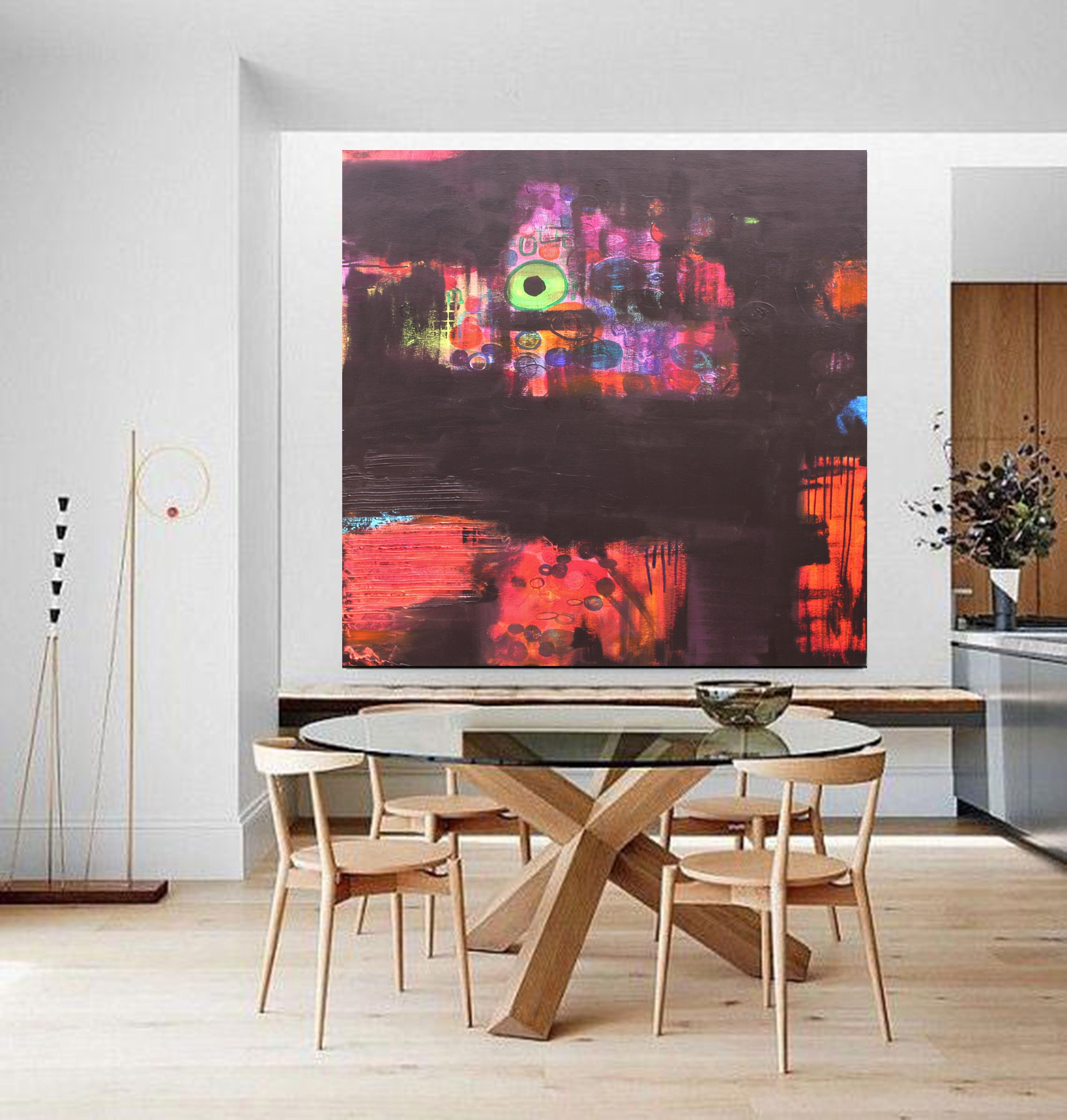 100 x 100cm XL The Lost City Textured Abstract Painting    Deep texture and structure. a juxtaposition of bright and bold with black and accents of thick texture and bold colour.    The colour palette is both modern with vibrant, colorful tones that