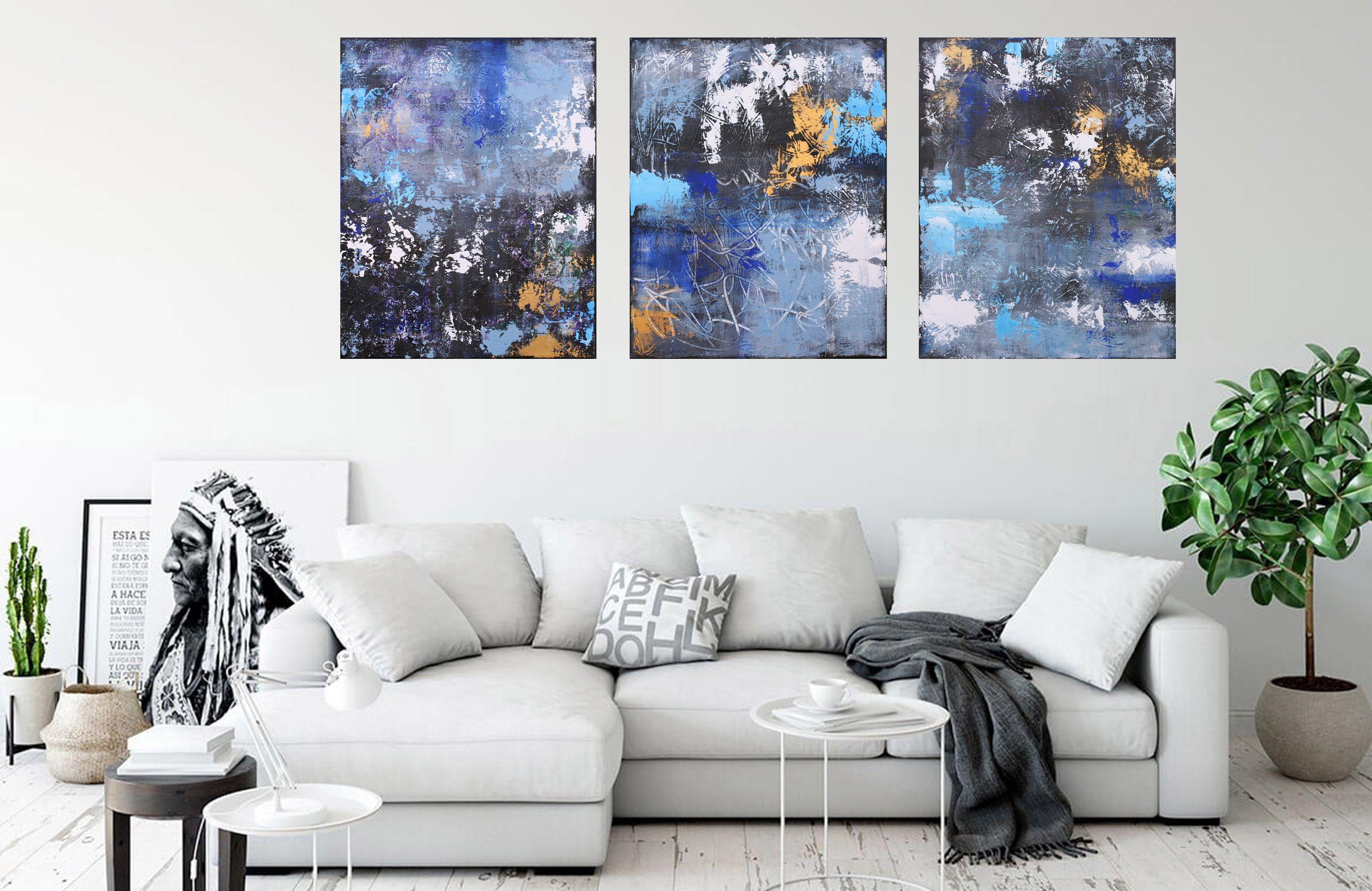 Where We Go To Dream Triptych, Painting, Acrylic on Canvas - Gray Abstract Painting by Susan Wooler