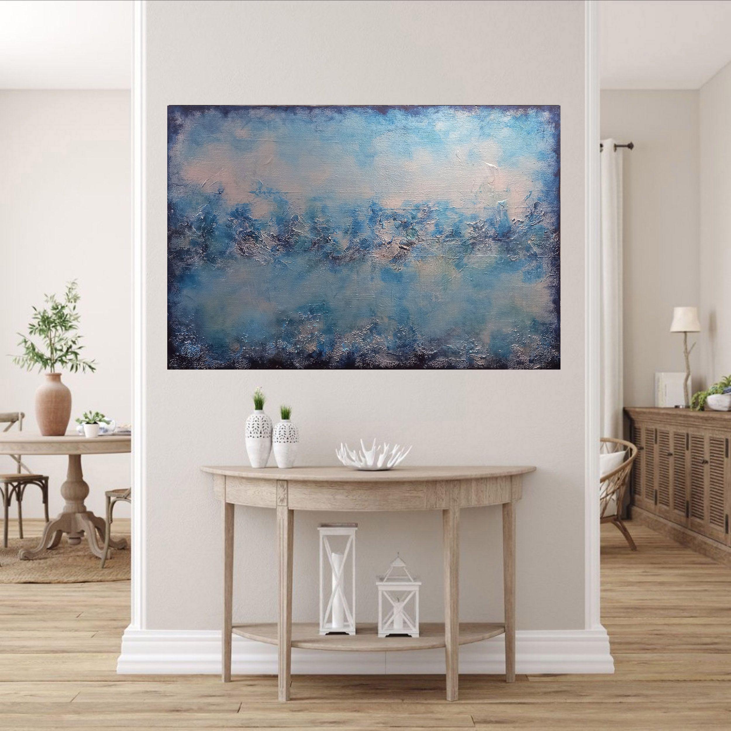 XL Blue Bay 76 x 51cm Textured Abstract Painting, Painting, Acrylic on Canvas For Sale 1