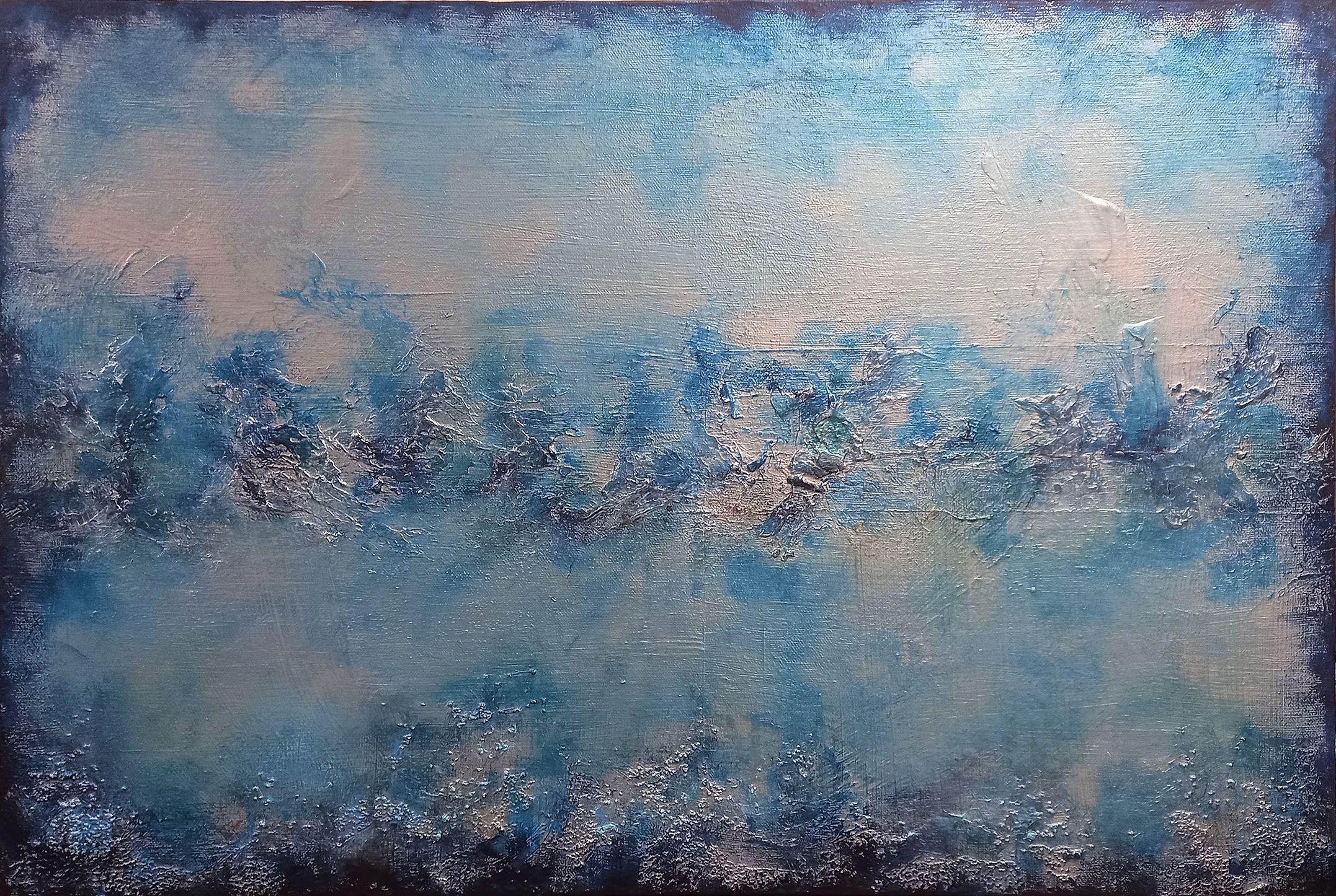 XL Blue Bay 76 x 51cm Textured Abstract Painting    Silver and Blue textured and has been created with various Blue Hues and Silver    Textured painting was created using a blend of techniques including brush and palette knife. High quality acrylics