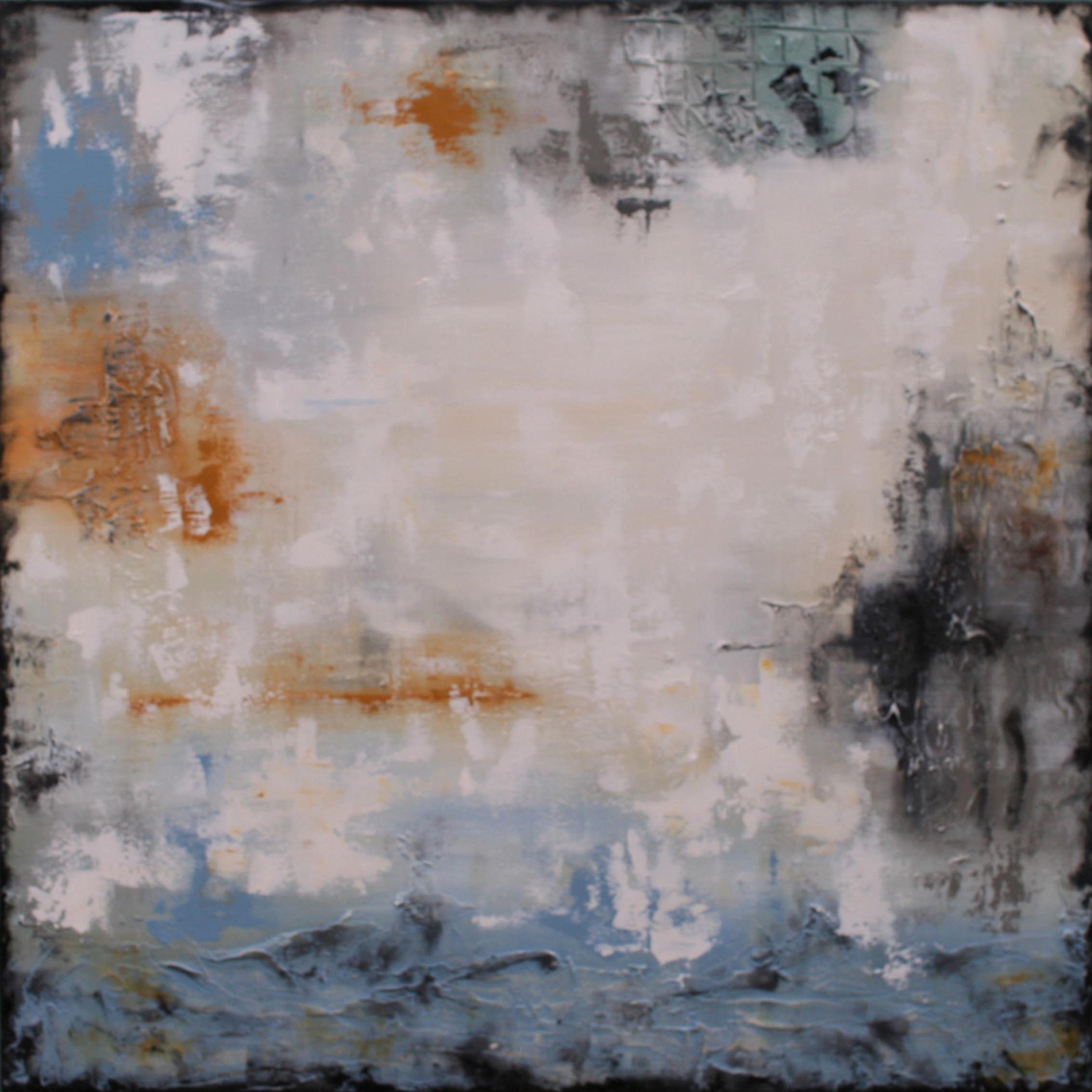 XL Holding Back The Tide 80 x 80 cm Textured Abstract Painting    Deep texture, structure and cracks have been used to create a shabby chic effect using a Blue, Brown/White/Black/Grey and Raw Sienna (Mustard)    A juxtaposition of soft and delicate