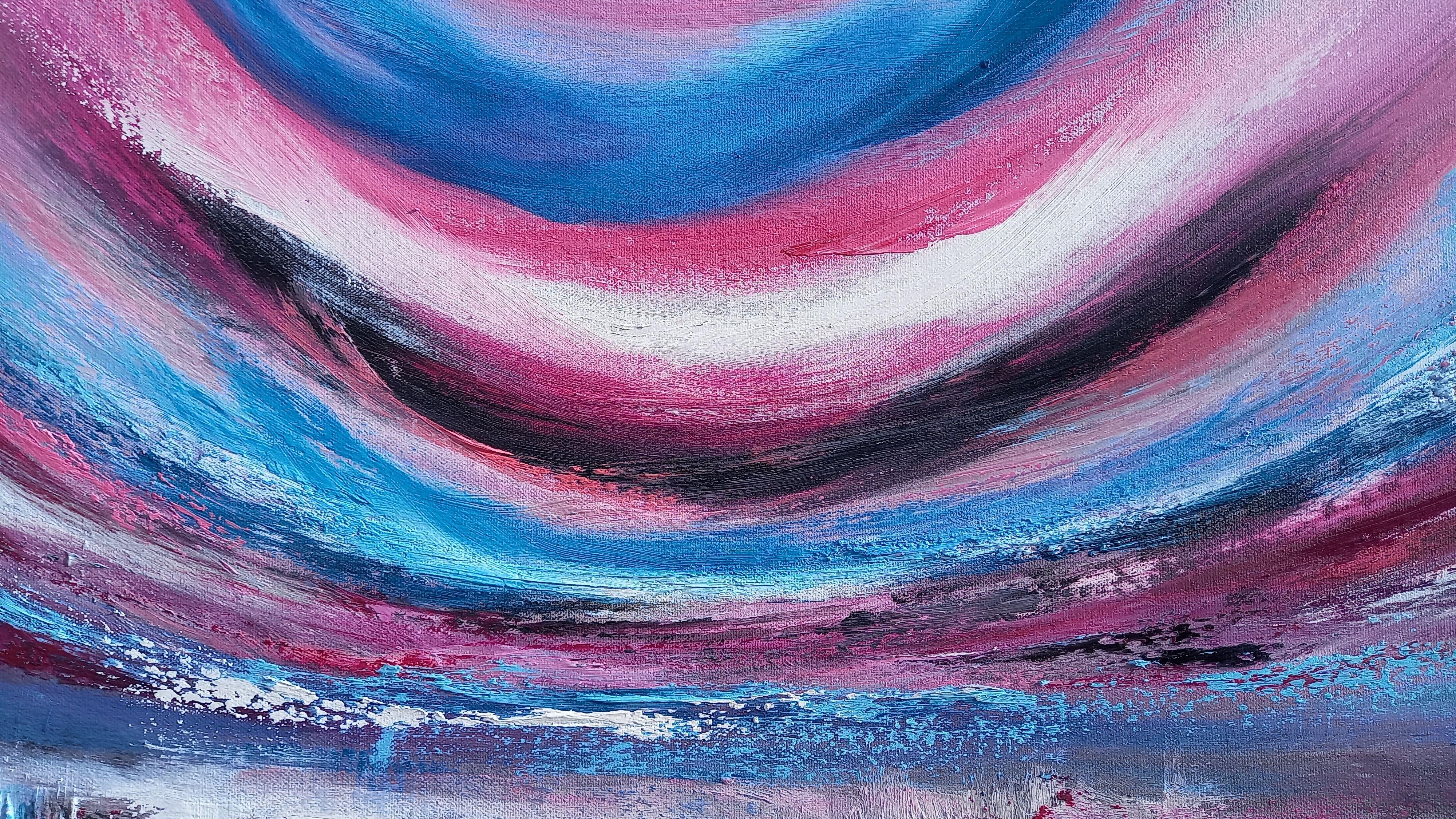 XL Cielo magenta sul lago 120 x 50 cm Pittura ad olio    Dimensioni 120 x 50 cm  Texture profonda / Impasto  Tela di qualità professionale avvolta in galleria  Bordi verniciati di nero  Pronto per essere appeso  Verniciato per protezione  Spazio di