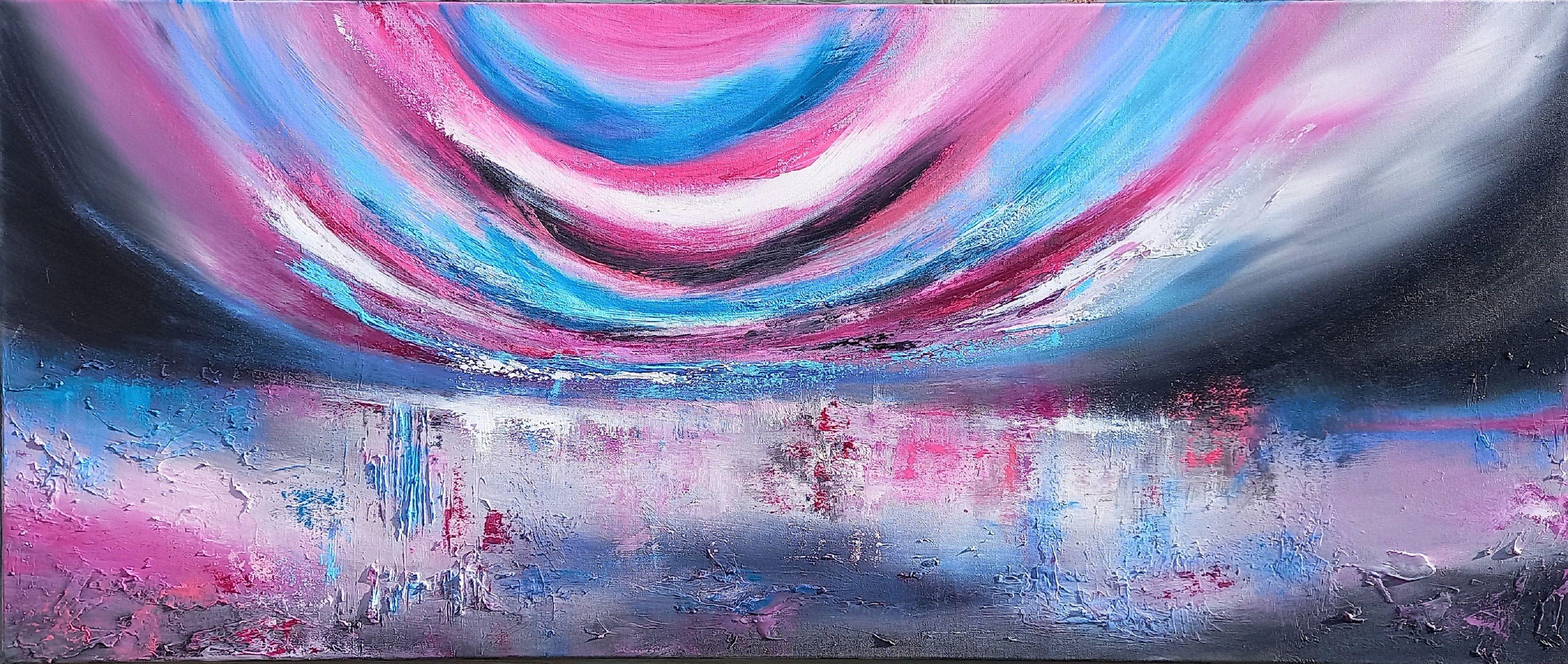 XL Cielo magenta sul lago 120 x 50 cm Pittura a olio, Pittura, Olio su tela - Painting di Susan Wooler