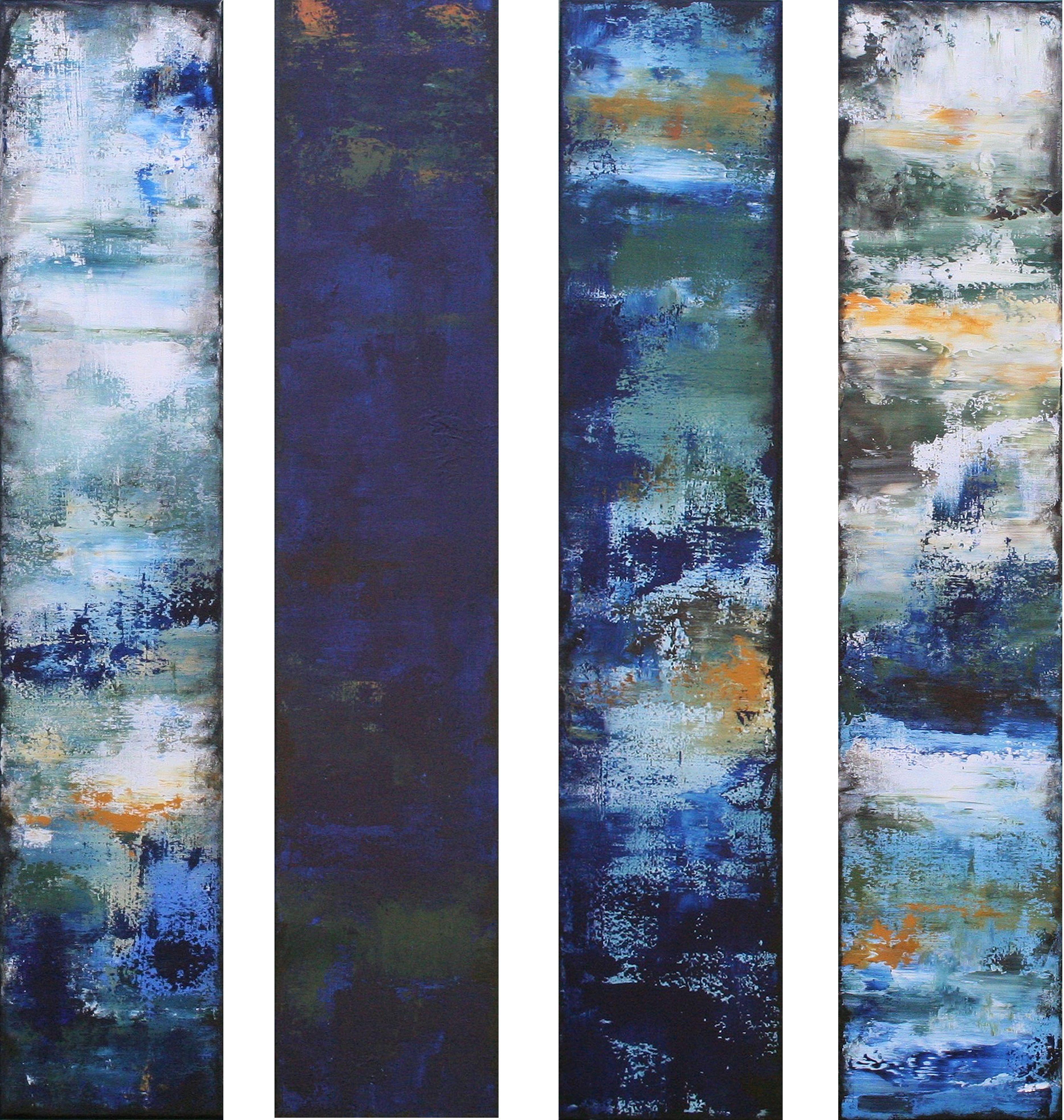 XXL Out of the Blue Four Abstract Painting    A juxtaposition of soft and delicate with accents of texture and colour. The colour palette is both modern and neutral with hints of warm tones that balance the paintings out nicely.    Overall size 100