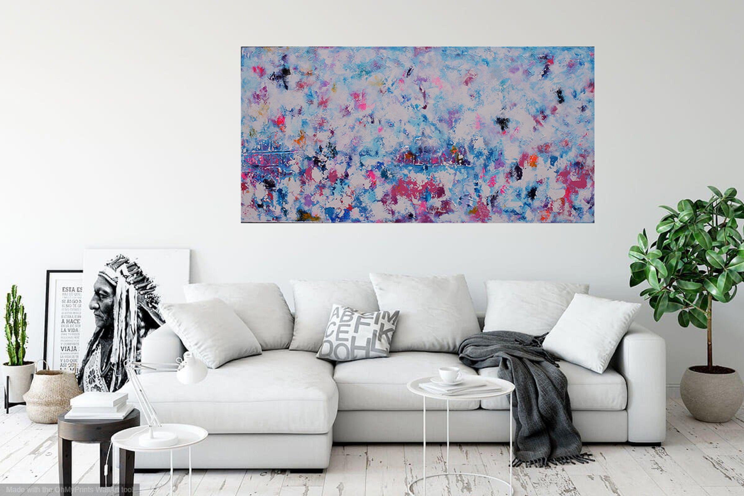 XXL Tropical Island II 121.9 x 61cm Textured Abstract Painting    Deep texture, structure and cracks have been used to create a shabby chic effect using a Turquoise, Dusky Pinks, Blues and White    A juxtaposition of soft and delicate with accents