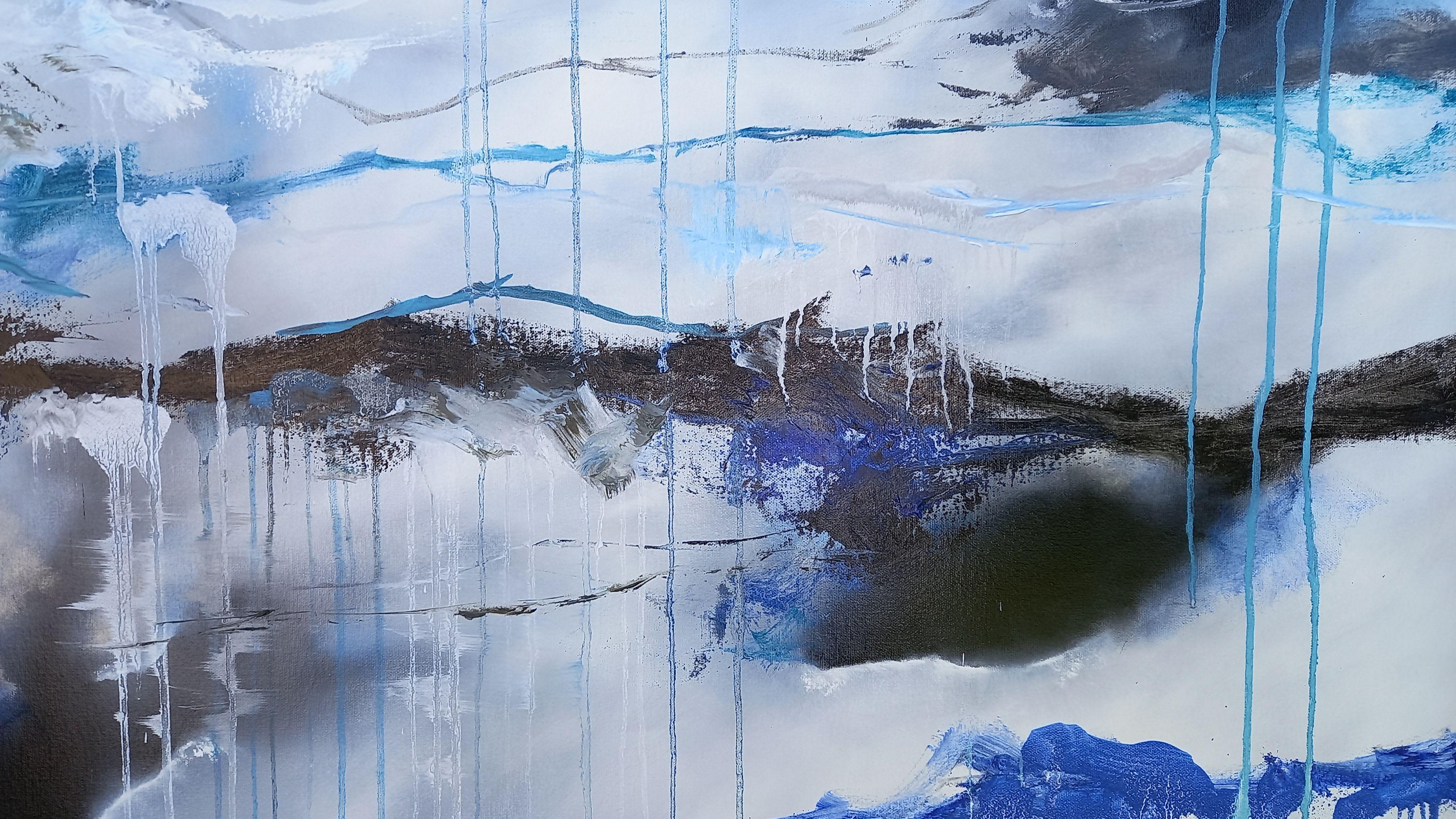 XXXL Astratto Antartico 200 x 100 cm Dittico    Dimensioni complessive 200 x 100 cm    Ogni quadro misura 100 x 100 cm su una tela con bordi profondi e avvolti in galleria.  Tele con bordi profondi  Bordi dipinti di nero  Pronto per essere appeso 