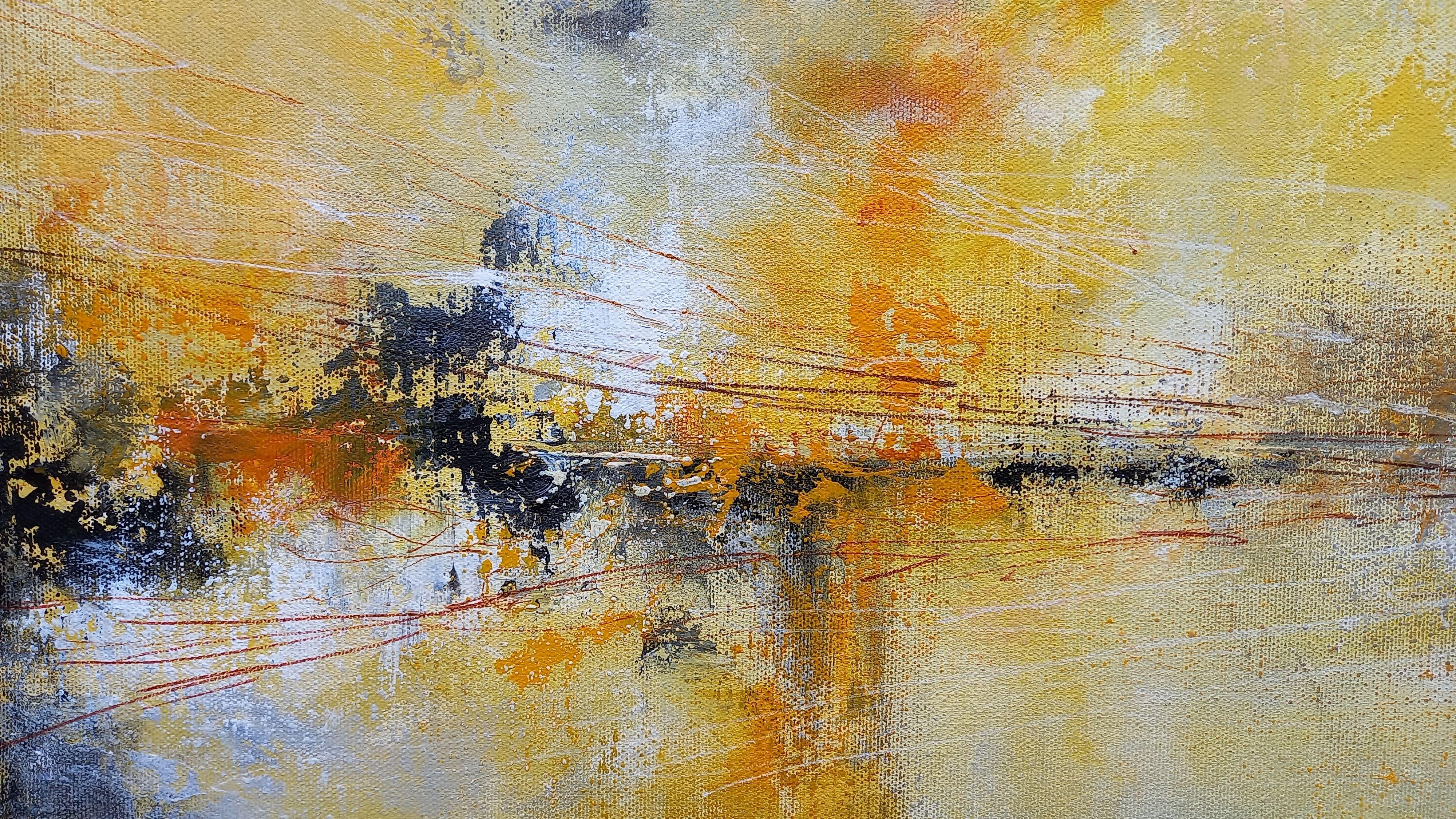XXXL Camminiamo all'alba 120 x 80 cm    Creato con molti strati utilizzando acrilico, pastello a olio e inchiostro    Dimensioni 120 x 80 cm  Pittura strutturata  Tela professionale con bordi da 45 mm per impieghi gravosi  Bordi verniciati di nero 