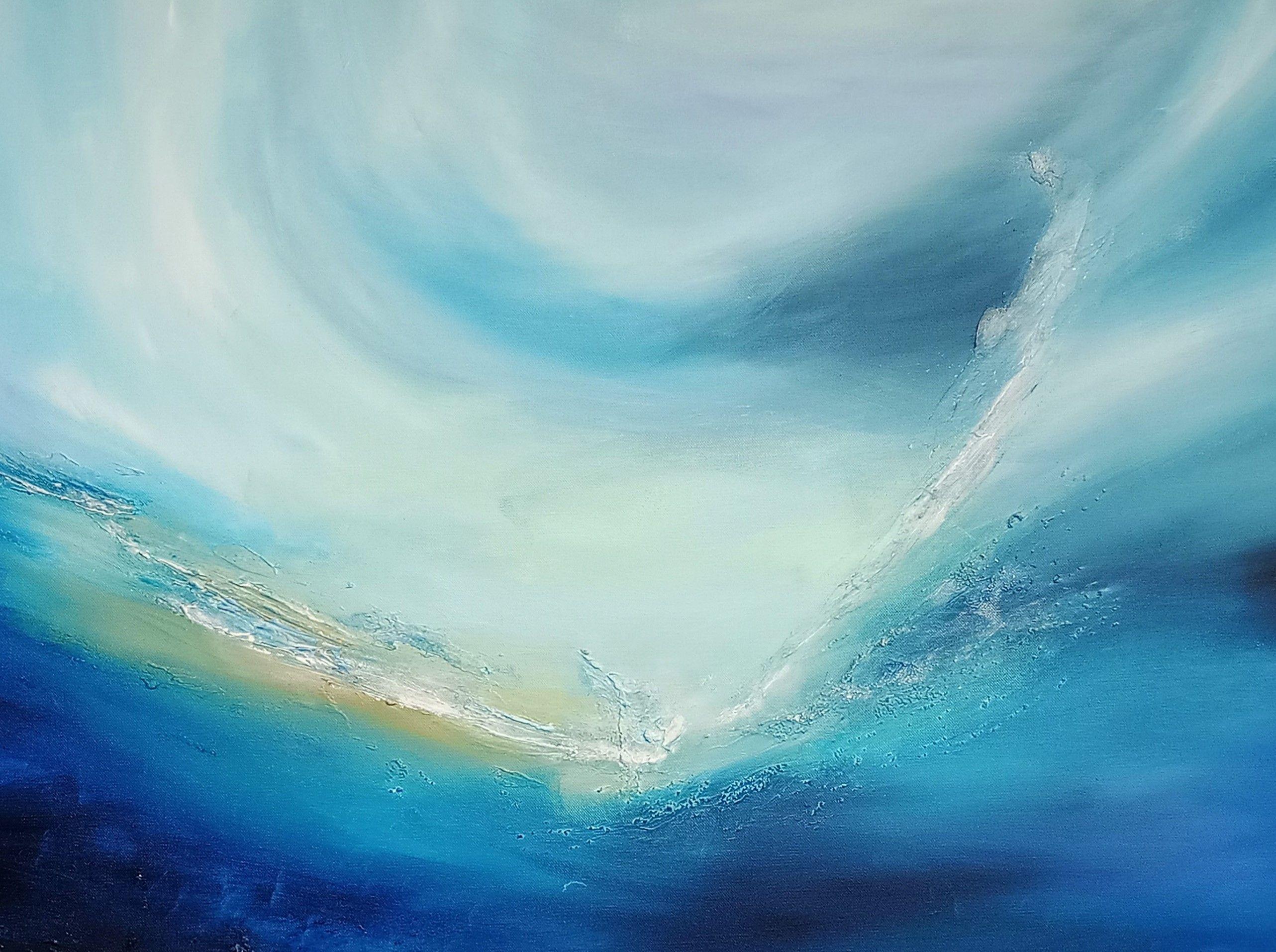 XXXL Océano de Emoción I 160 x 80 cm    Tamaño 160 x 80 cm  Lienzo de bordes profundos envuelto en galería  Textura  Bordes pintados de blanco, no es necesario enmarcar más  Listo para colgar  Barnizada para su protección  Habitaciones de referencia