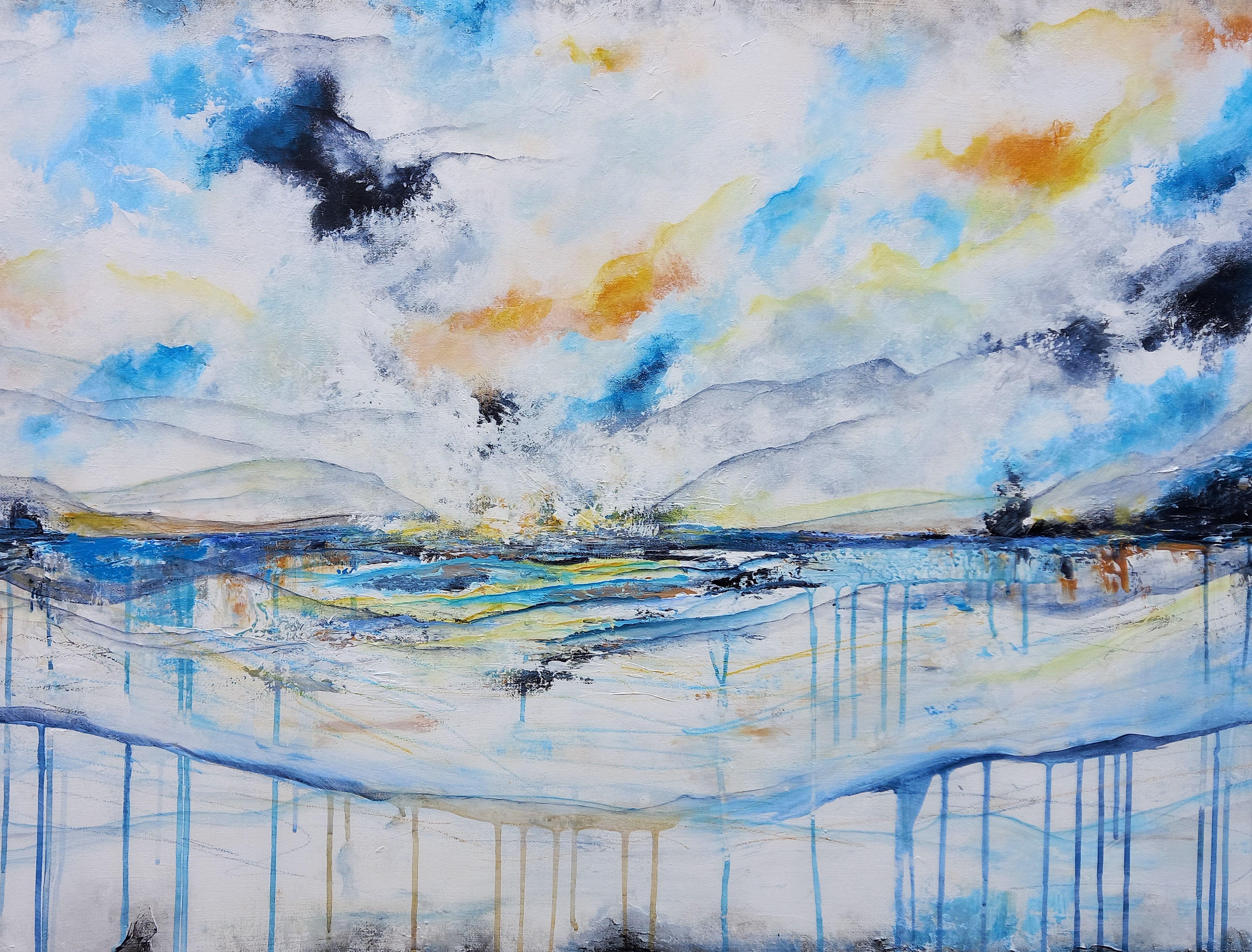 XXXL Reflections of the Hills 120 x 80 cm    Created with many layers using acrylic, Oil and oil pastels, with a contemporary colour palette a juxtaposition of soft and delicate with accents of thick texture and bold colour.    The early morning fog