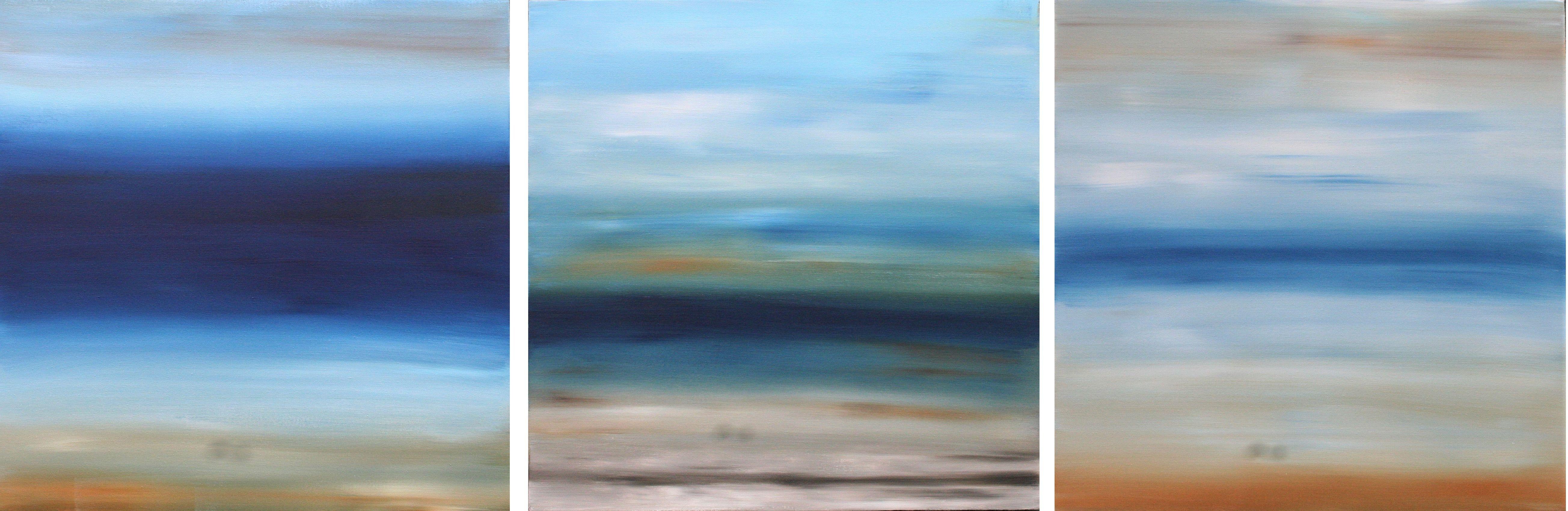 XXXL Rising Tides 180 x 60cm Abstract Paintings Triptych    The colour palette is both modern and neutral with hints of warm tones that balance the paintings out nicely, blends of blues, whites, browns and ochre    Overall Size 180 x 60 cms  Each