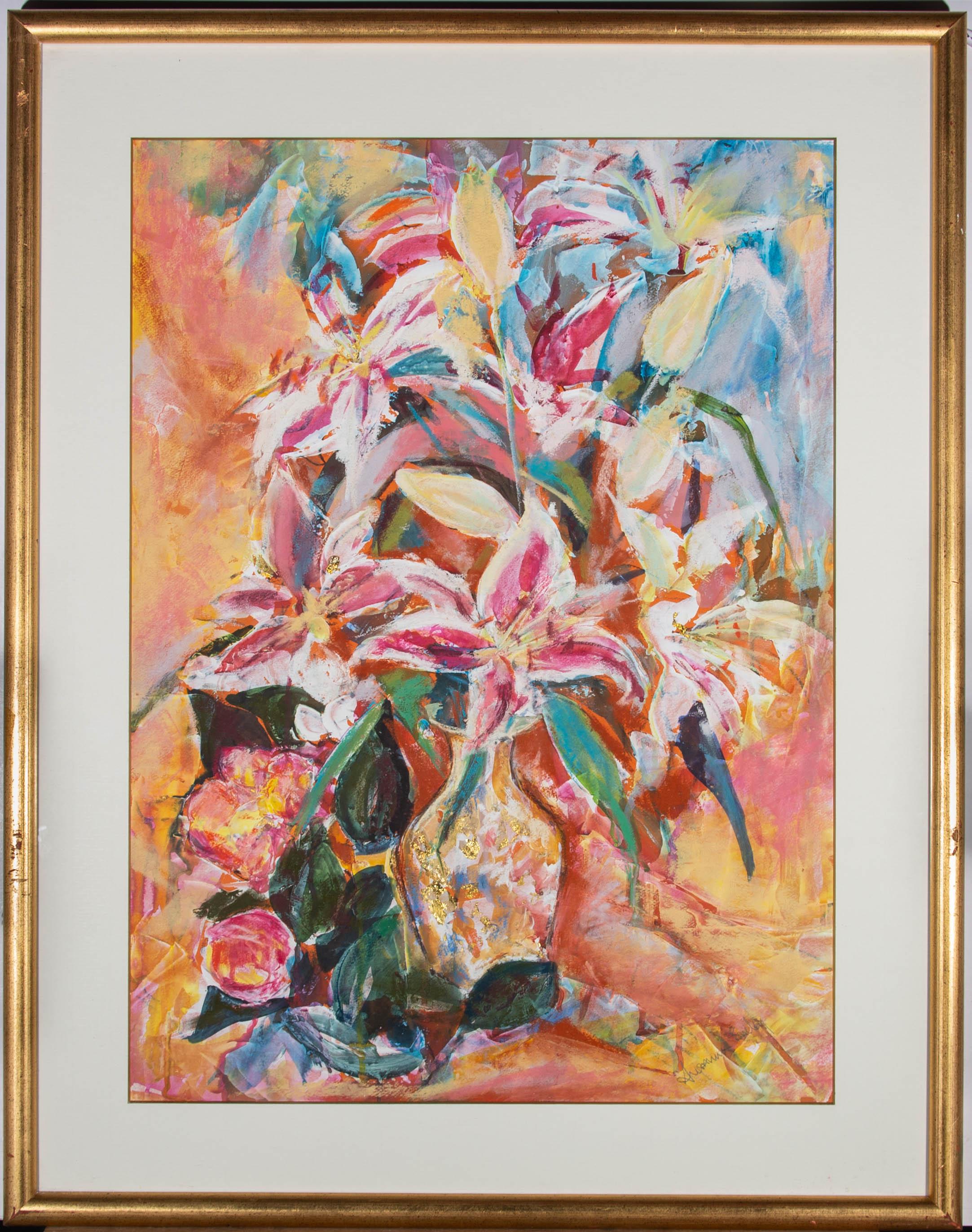 A vibrant and eye catching contemporary mixed media still life showing pink lilies. The artist has used pastel, watercolour and gouache to create this dynamic floral still life, finished with delicate touches of gold leaf. The artist has signed to