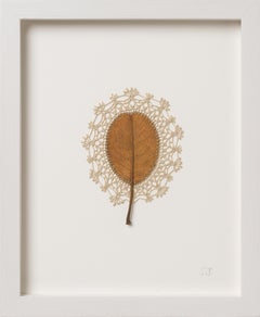 One Day - contemporary crochet dried magnolia leaf nature art framed