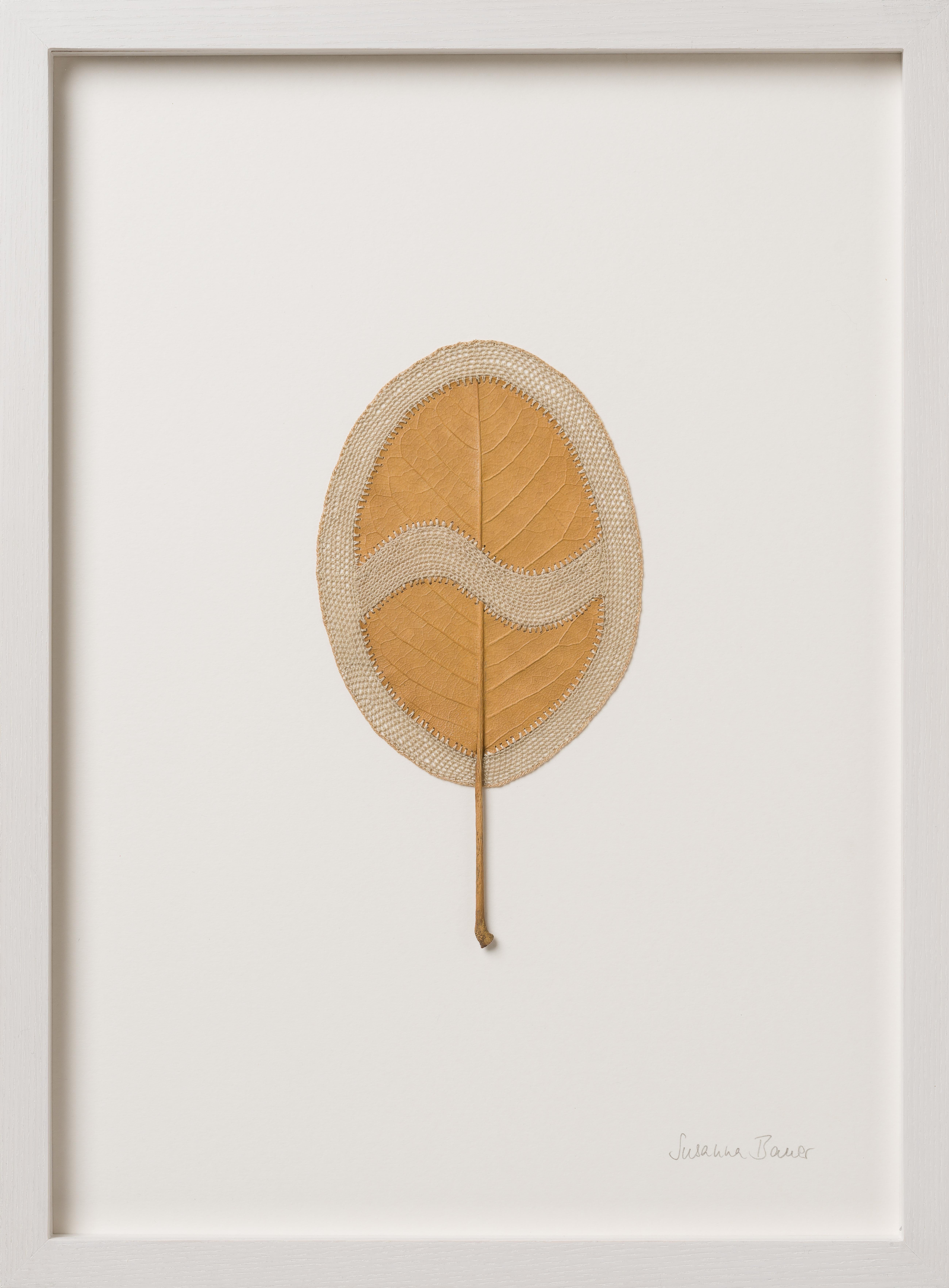 Opening - contemporary crochet dried magnolia leaf nature art framed - Mixed Media Art by Susanna Bauer