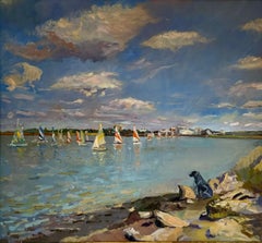 Peinture à l'huile sur toile Junior Sailing de Susanna MacInnes encadrée en blanc et or