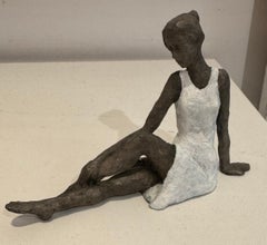 Elongated Sitting Girl I- contemporary bronze sculpture, female with white dress