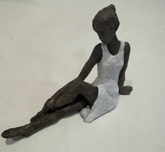 Elongated Sitting Girl I- contemporary bronze sculpture, female with white dress