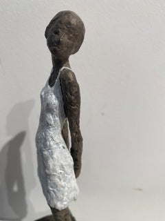 Girl in Mini Dress - contemporary bronze sculpture, female with white dress