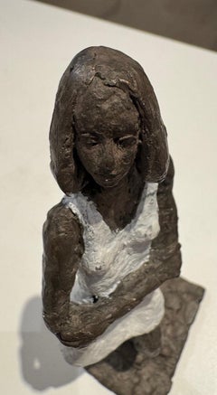 Girl in Mini Dress - contemporary bronze sculpture, female with white dress
